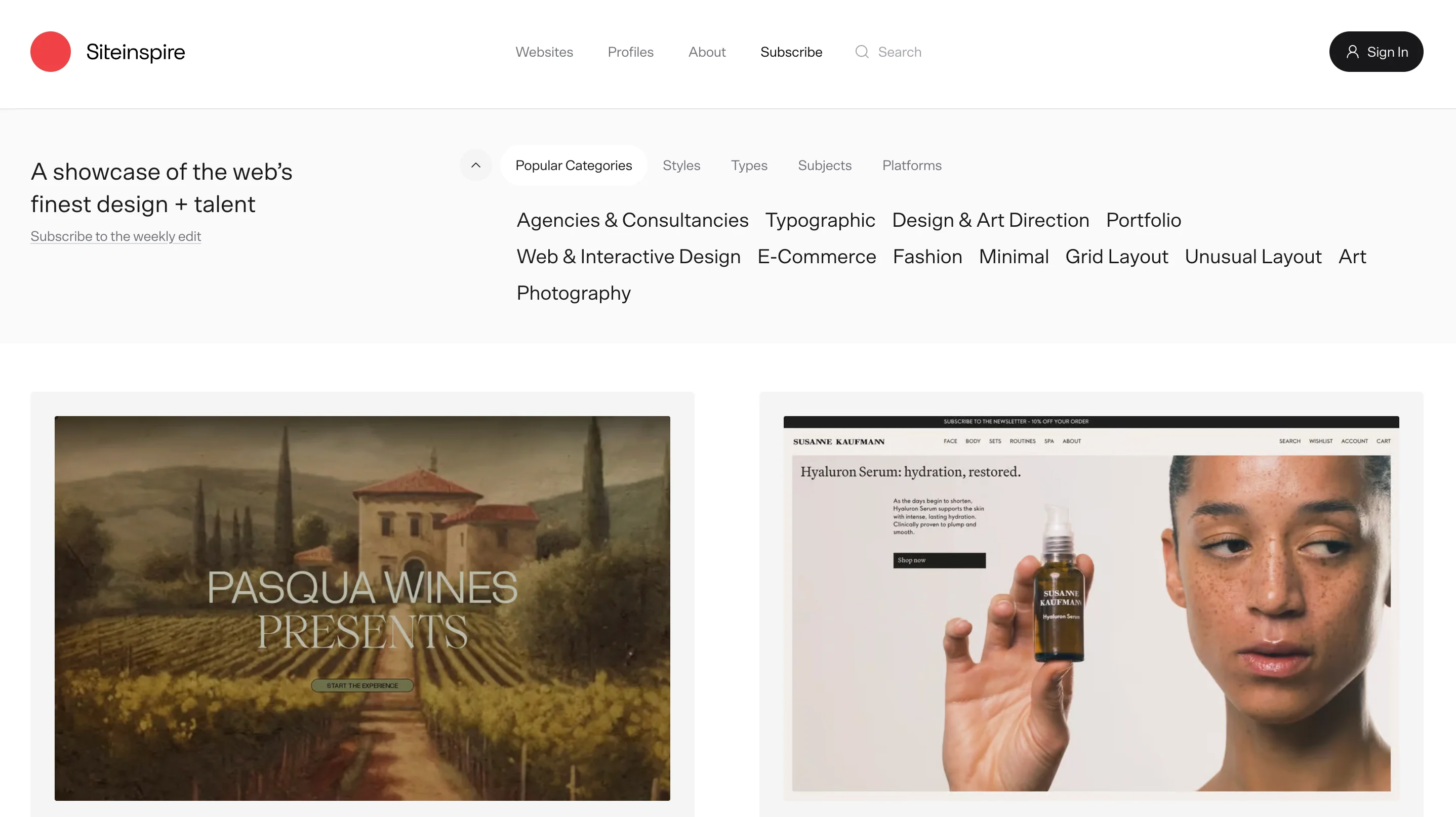 Siteinspire homepage with the tagline "A showcase of the web's finest design and talent"