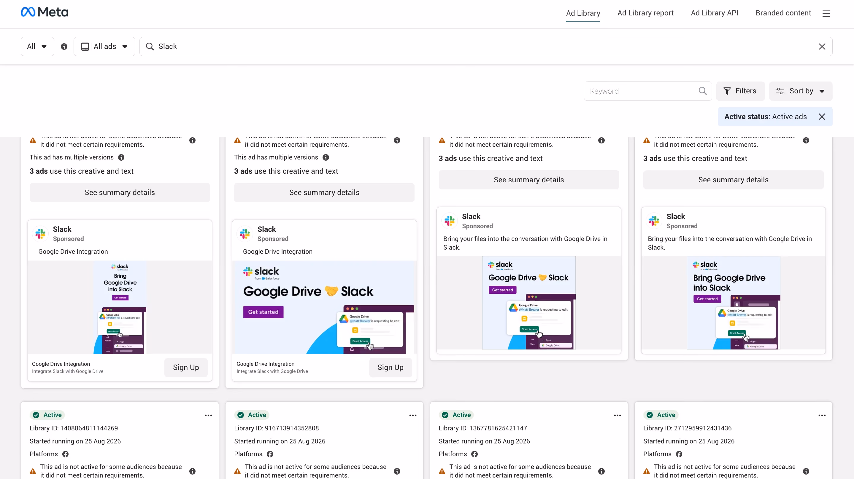 Meta Ads Library search results showing active Slack ads with creative and copy variations