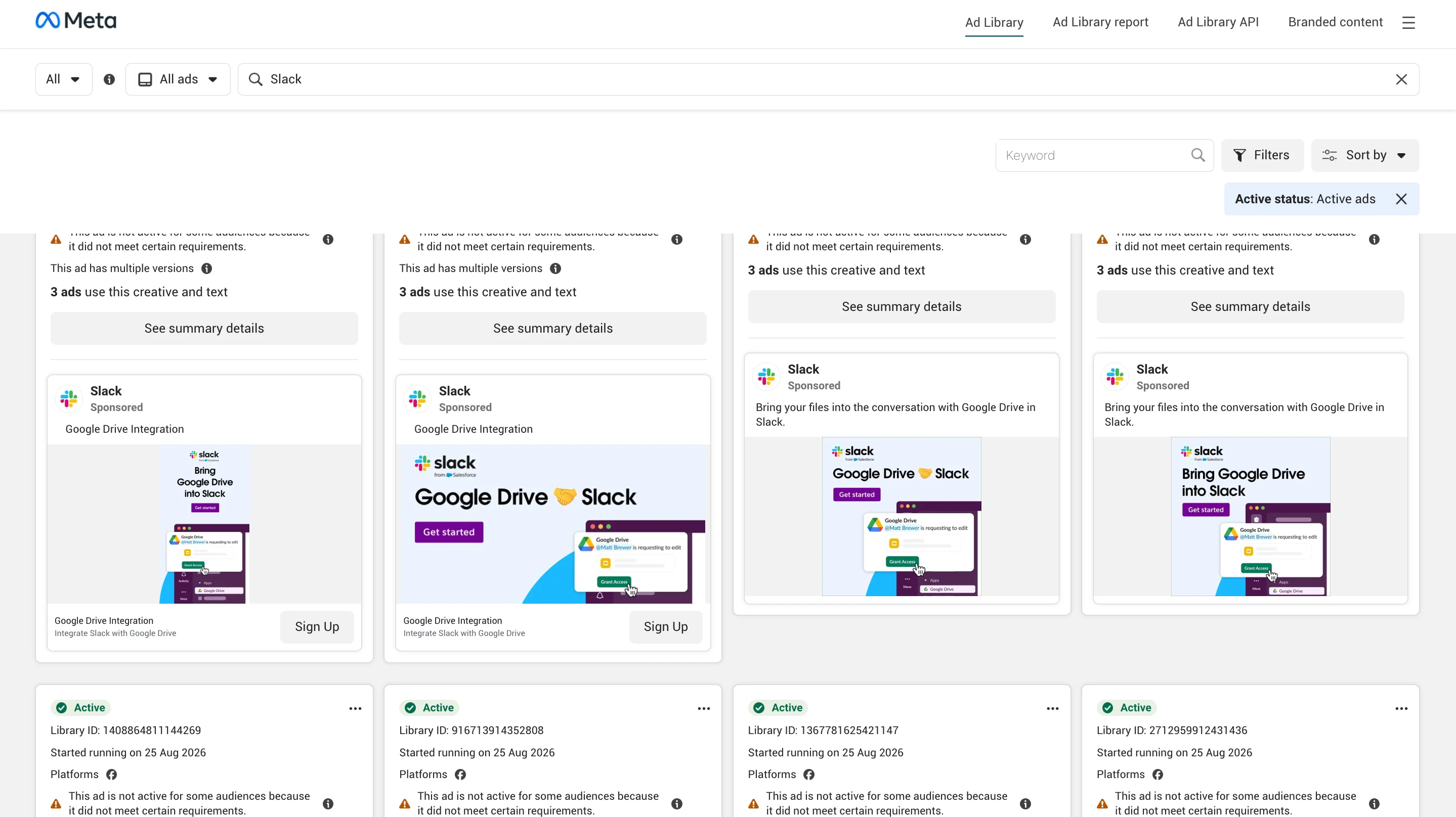 Meta Ads Library search results showing active Slack ads with creative and copy variations