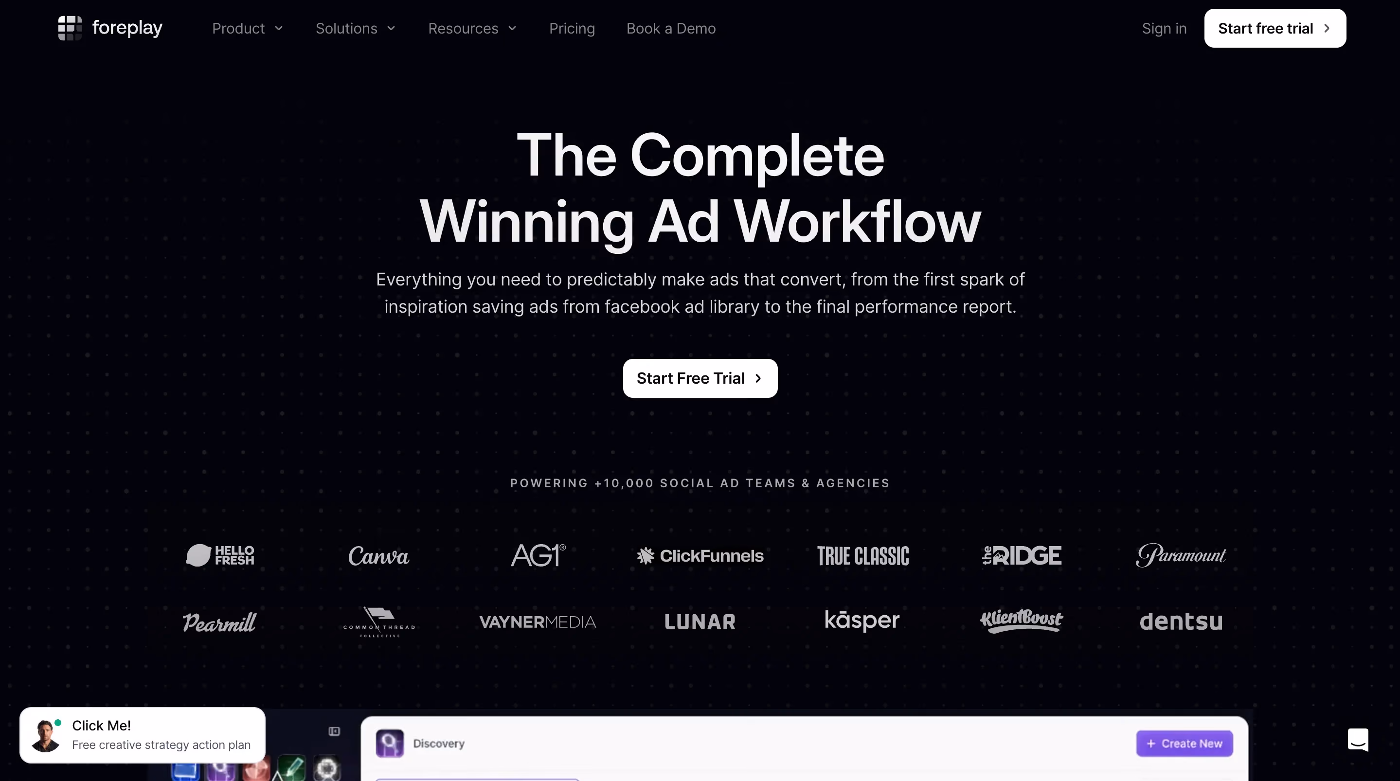Foreplay homepage with the headline "The Complete Winning Ad Workflow"