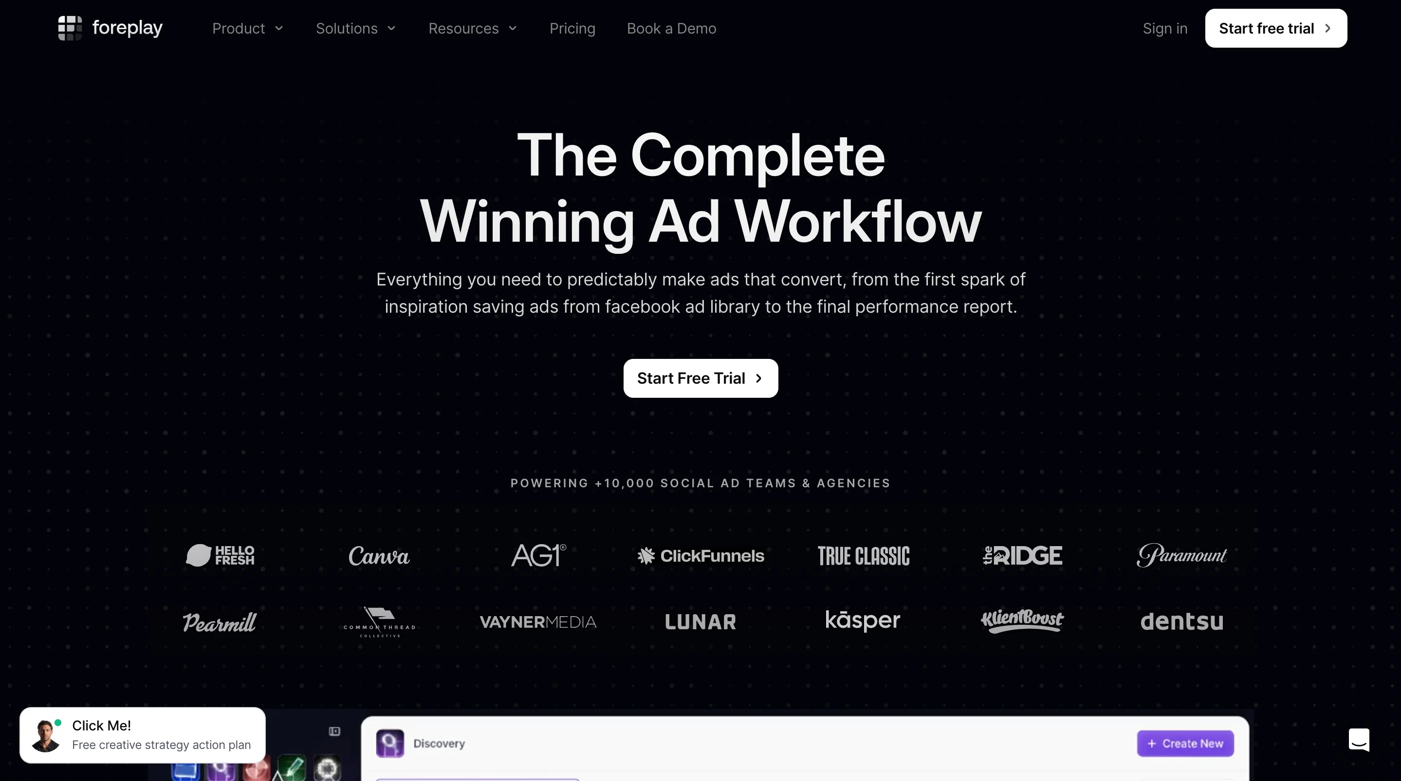 Foreplay homepage with the headline "The Complete Winning Ad Workflow"