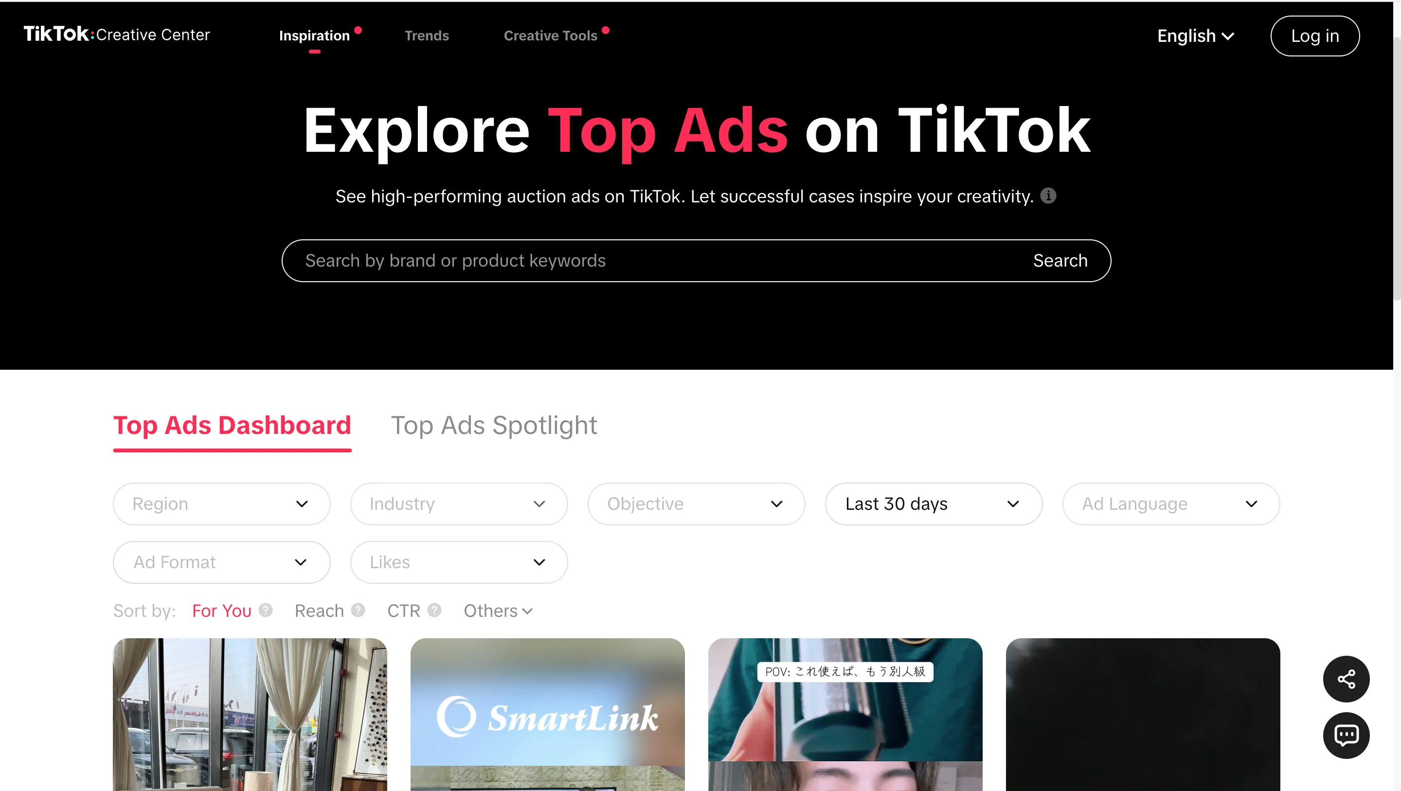 TikTok Creative Center page titled "Explore Top Ads on TikTok" with filterable ad examples