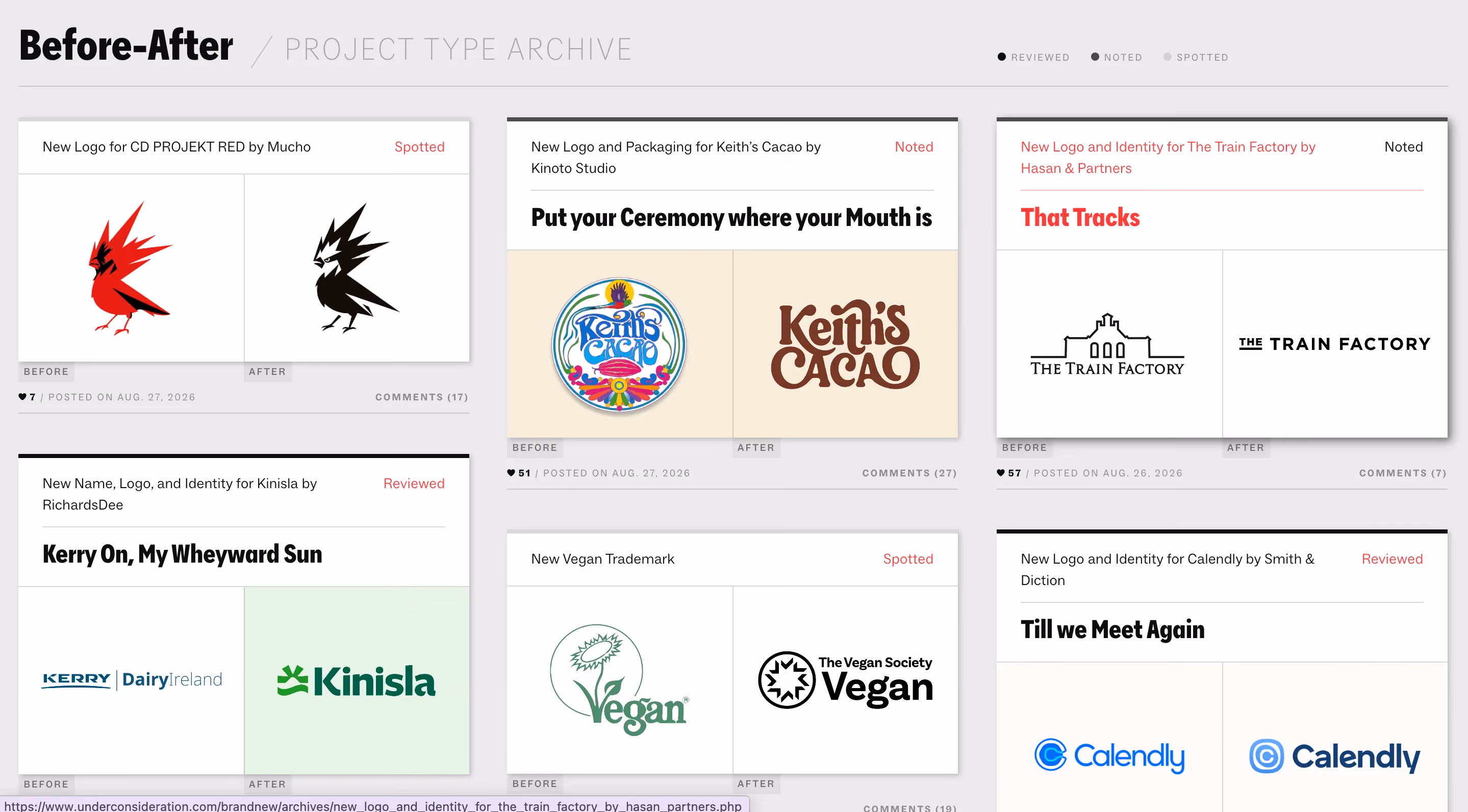Brand New's Before-After archive page showing paired logo redesigns with before and after labels