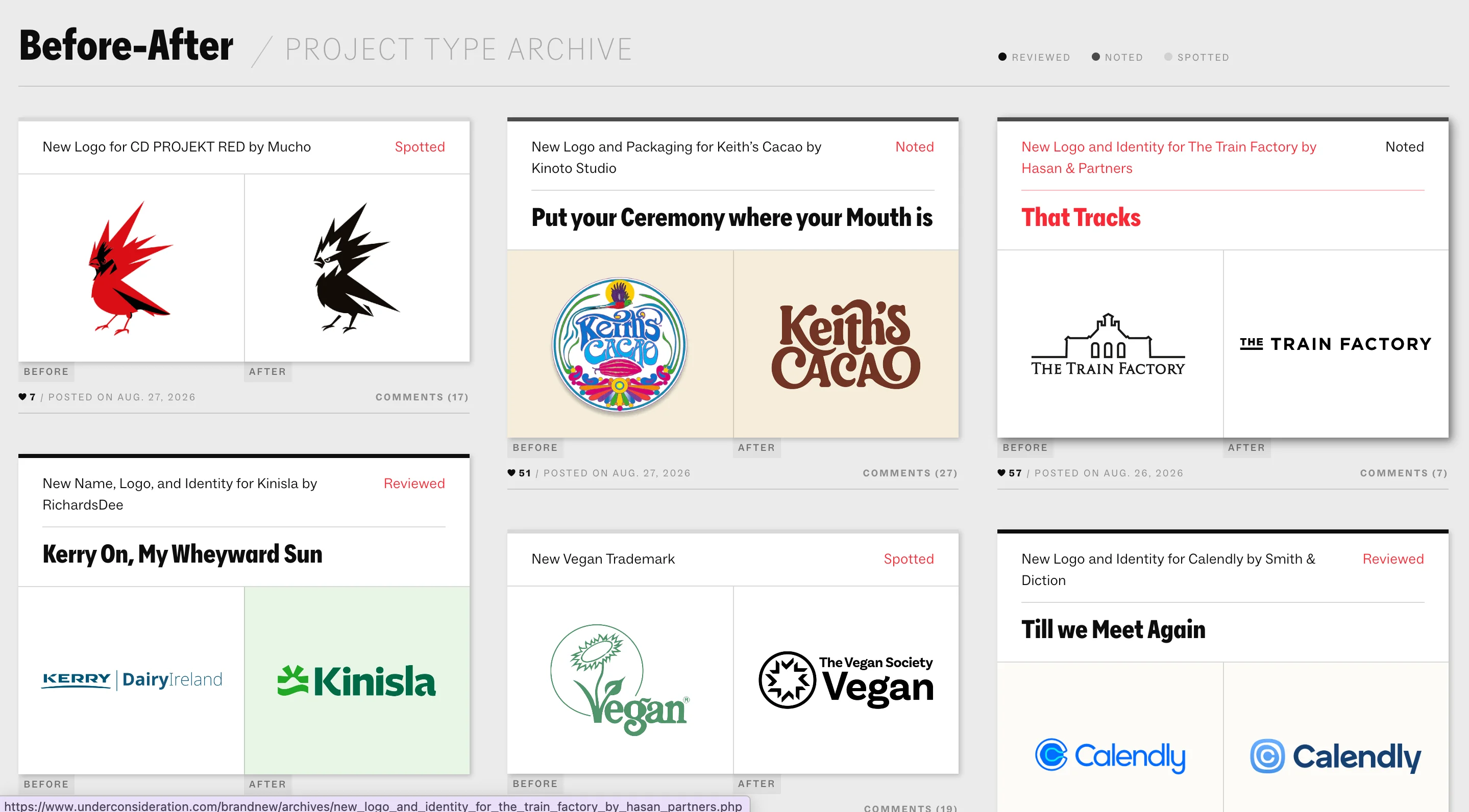 Brand New's Before-After archive page showing paired logo redesigns with before and after labels