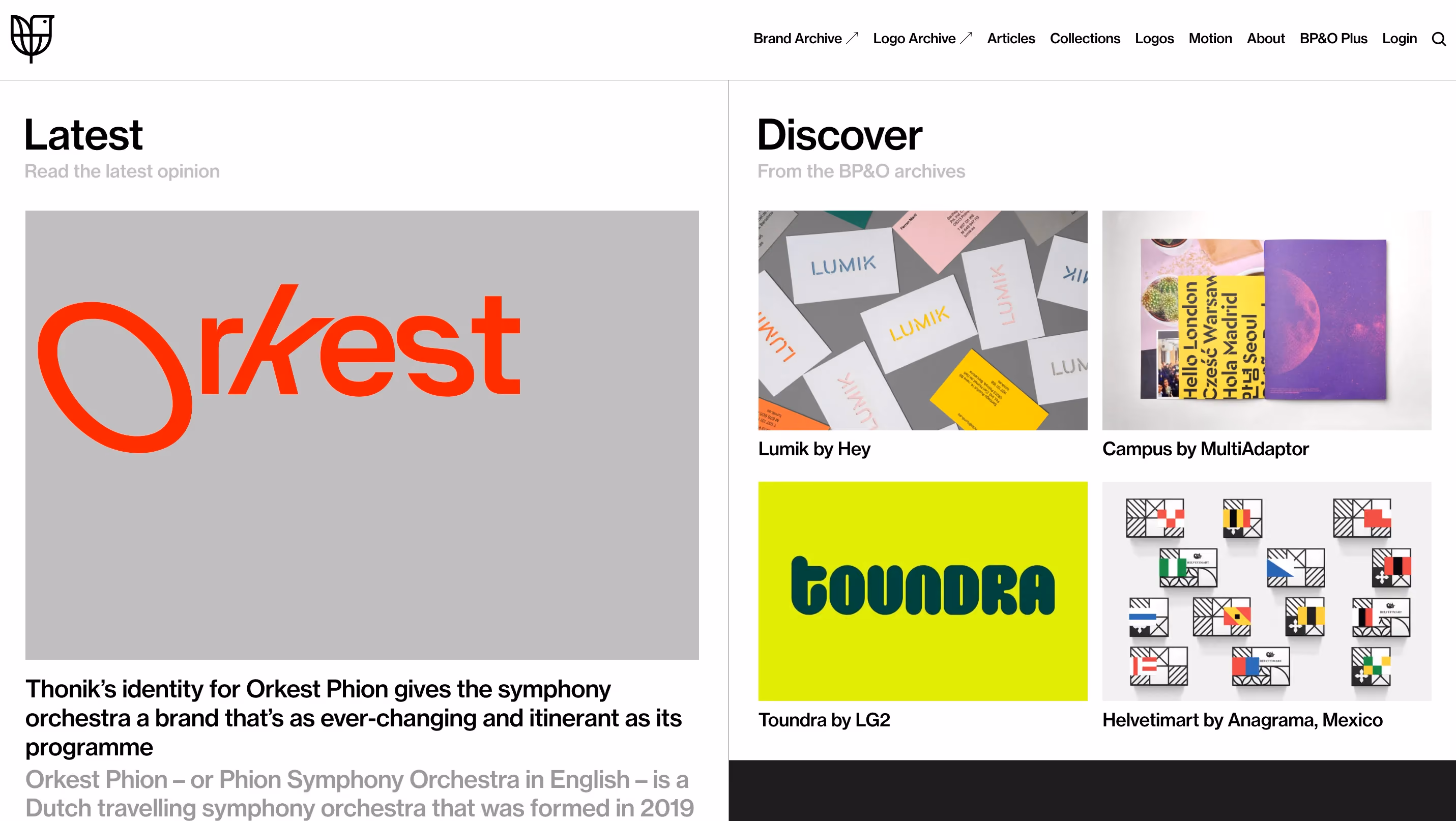 BP&O homepage showing latest brand identity articles and a discover section from the archives