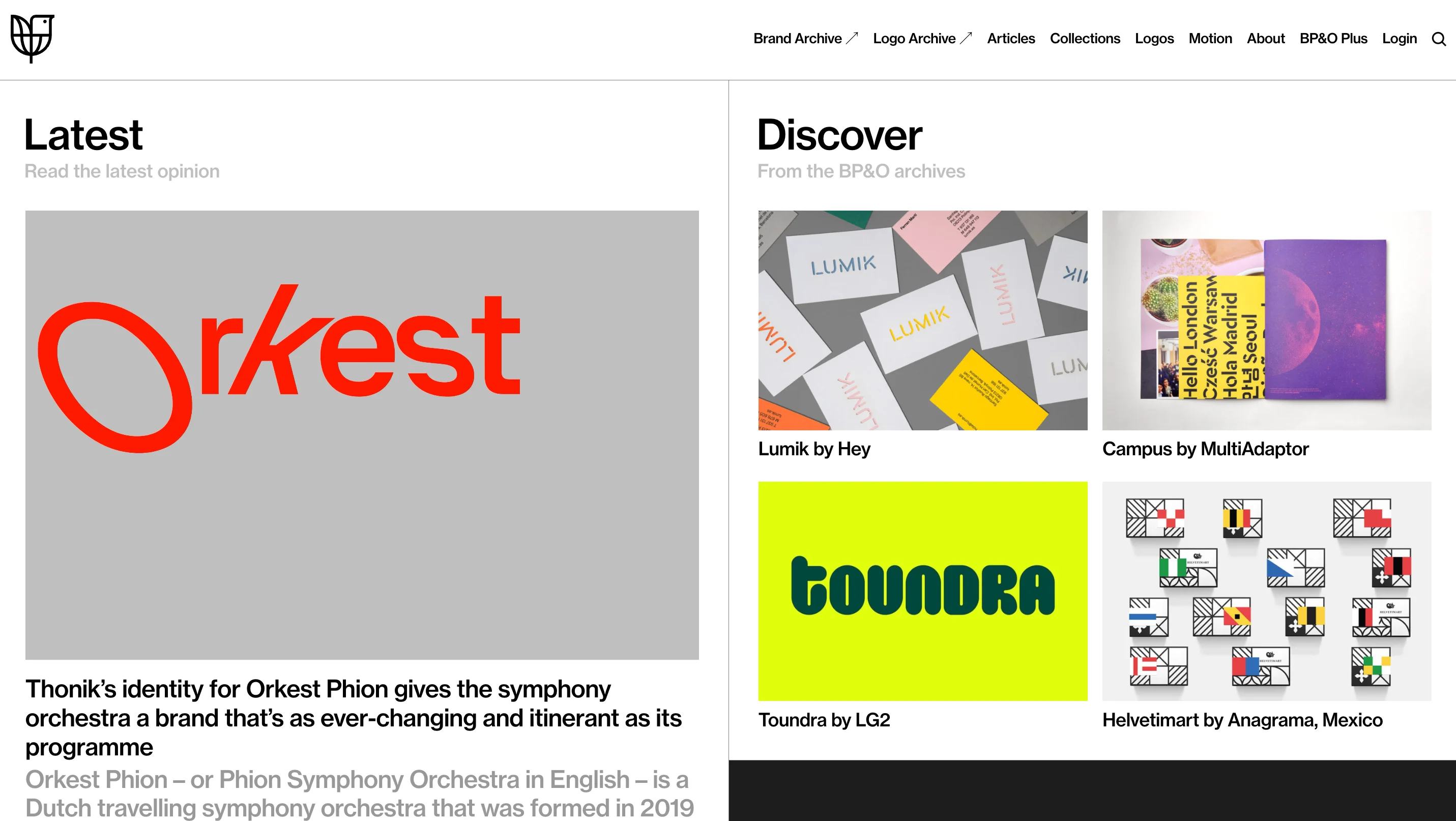 BP&O homepage showing latest brand identity articles and a discover section from the archives