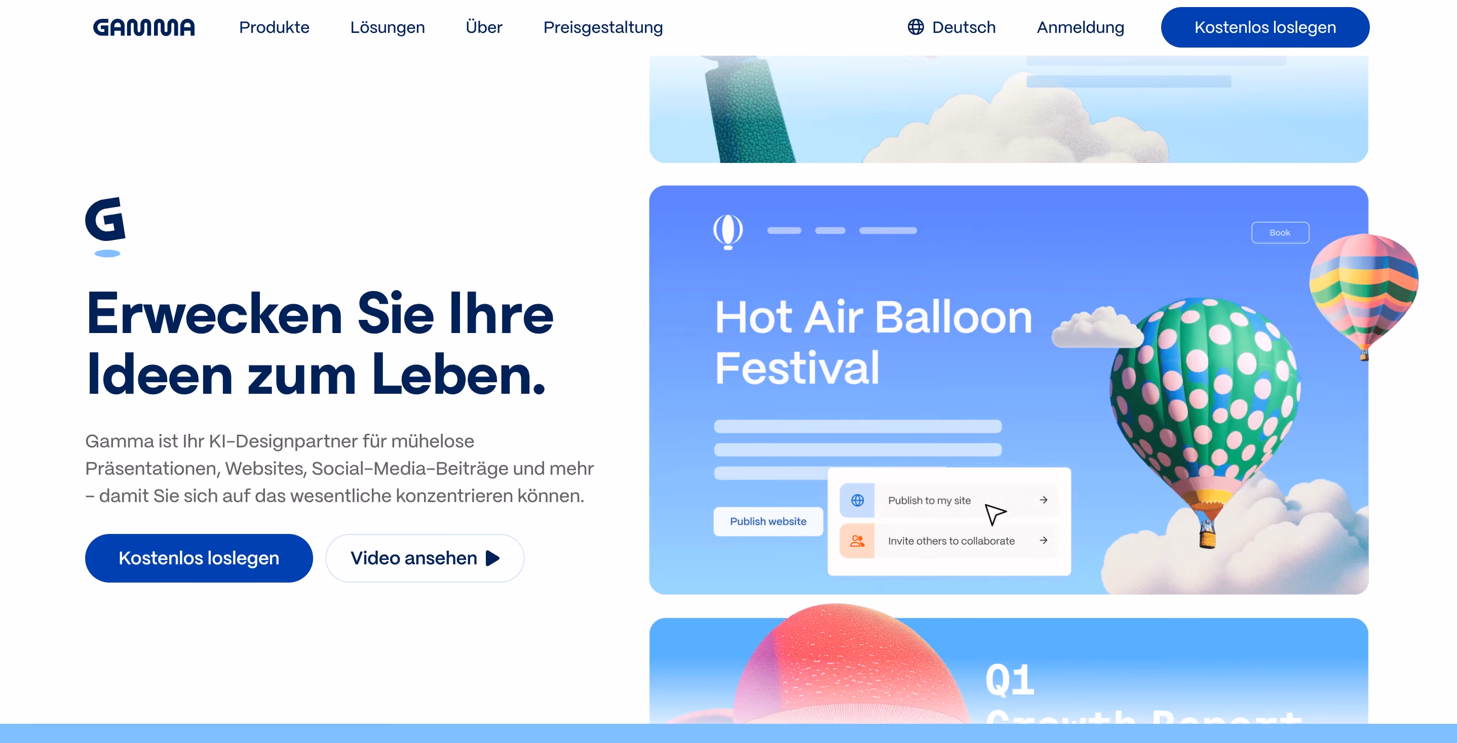 Gamma homepage in German with the headline "Erwecken Sie Ihre Ideen zum Leben" and a sample presentation slide