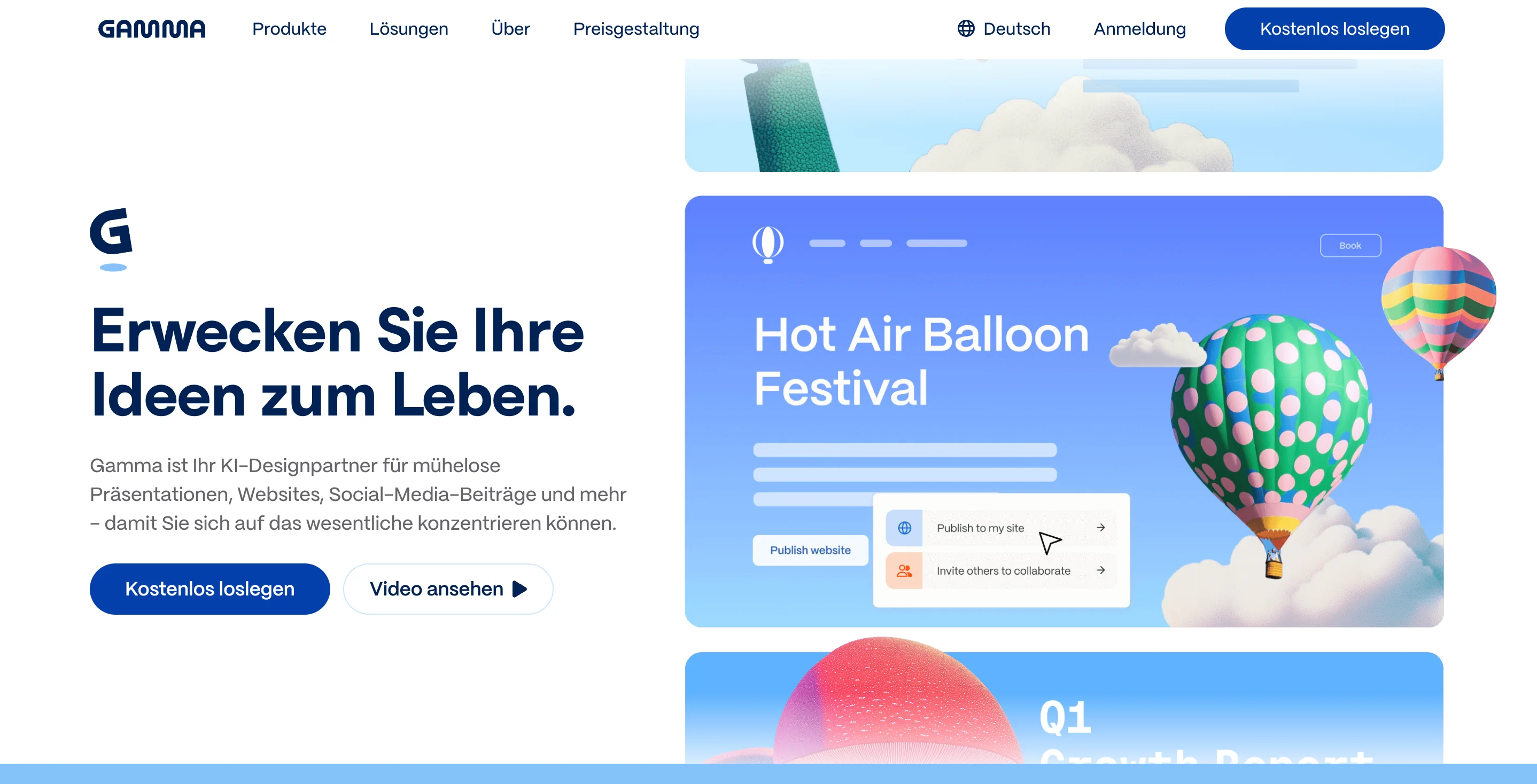 Gamma homepage in German with the headline "Erwecken Sie Ihre Ideen zum Leben" and a sample presentation slide