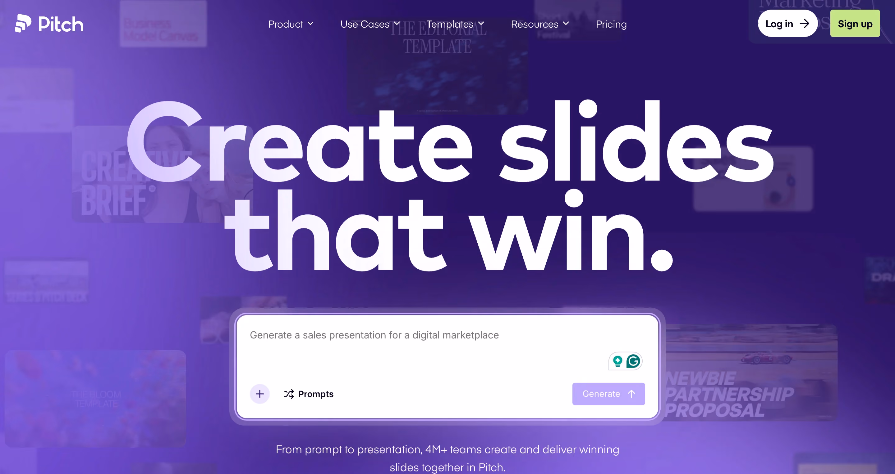 Pitch homepage with the headline "Create slides that win" and an AI prompt input box