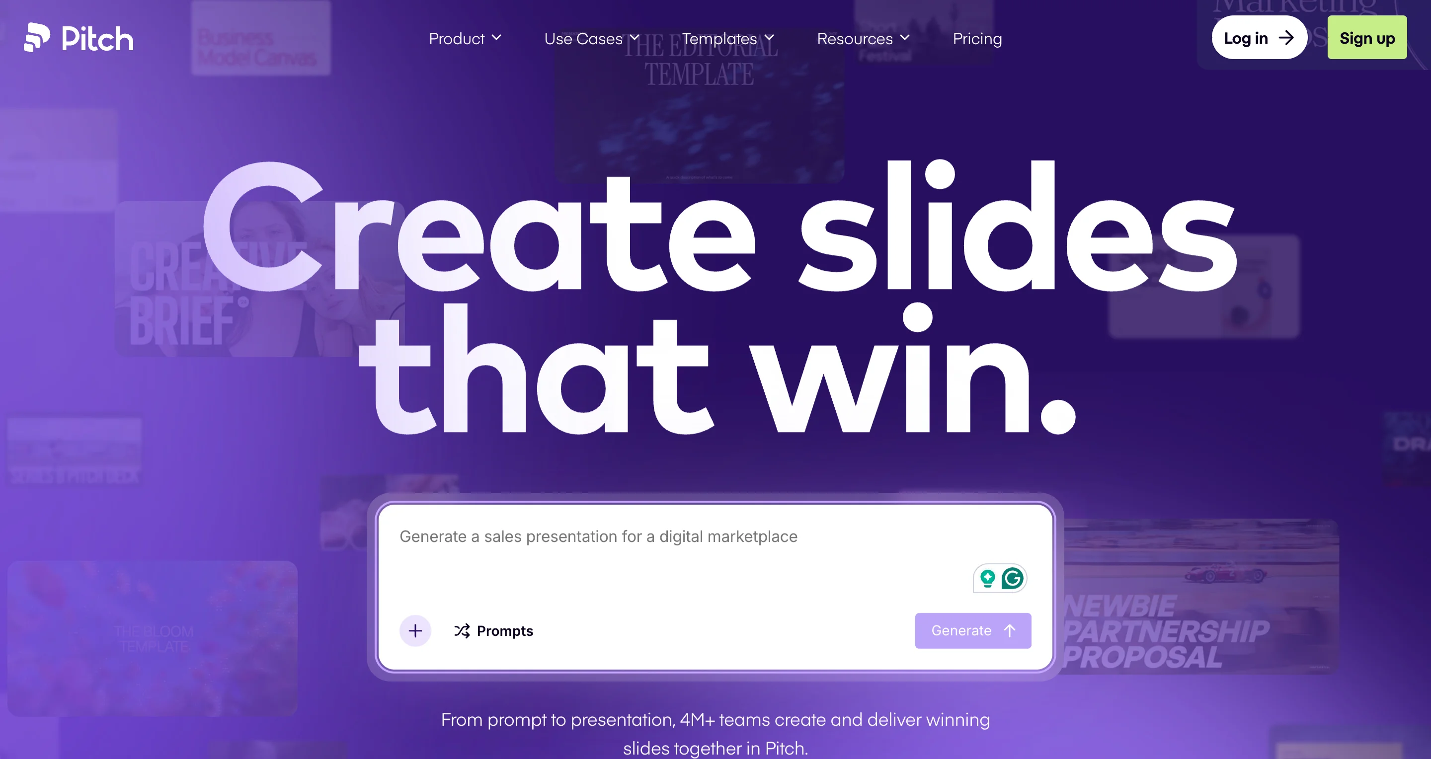 Pitch homepage with the headline "Create slides that win" and an AI prompt input box