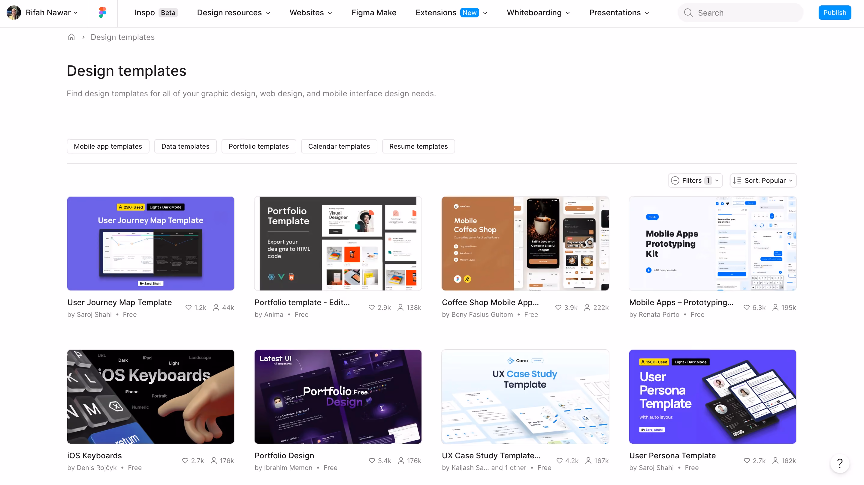 Figma Community design templates page showing a grid of downloadable UI and portfolio templates