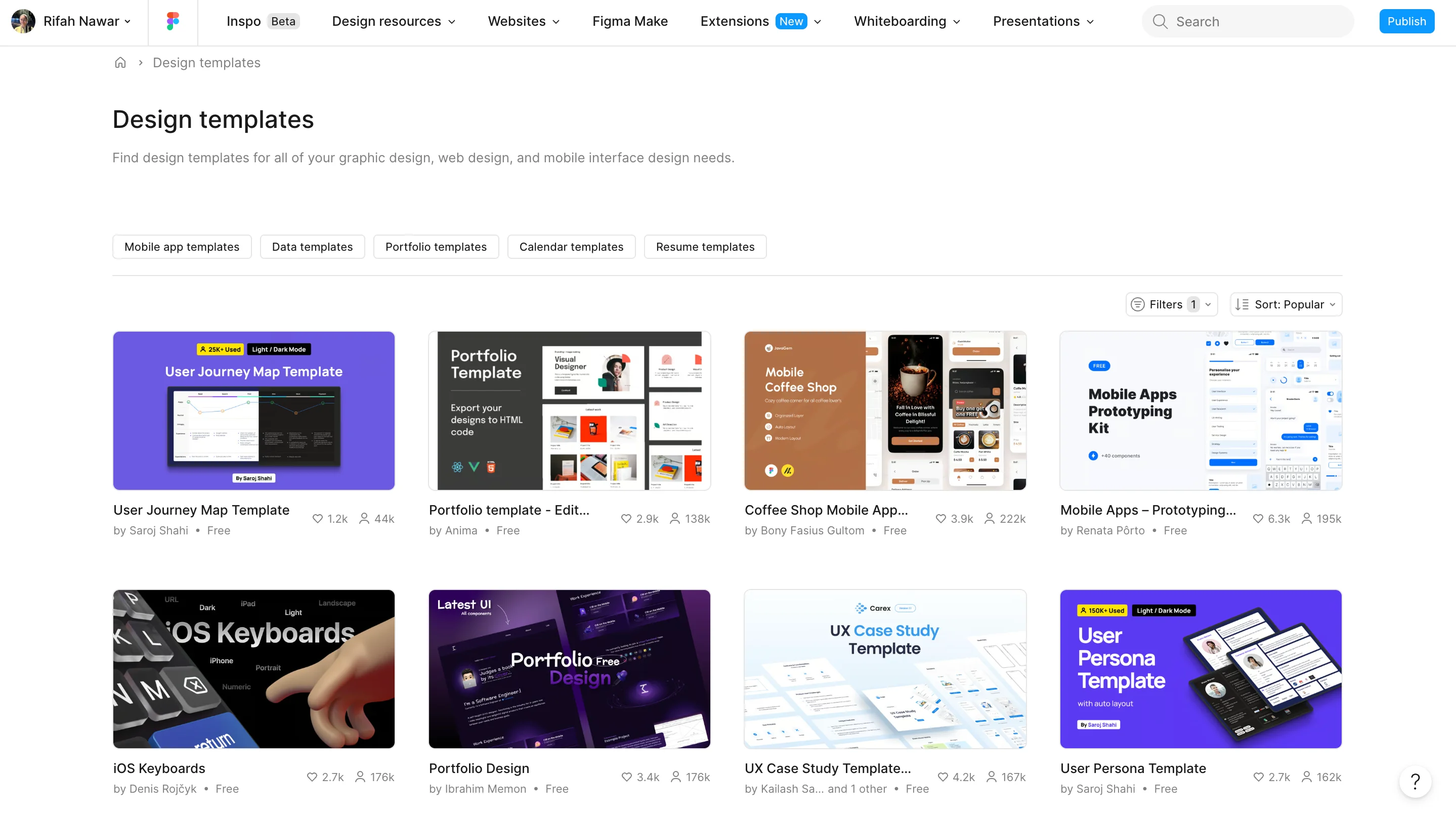 Figma Community design templates page showing a grid of downloadable UI and portfolio templates