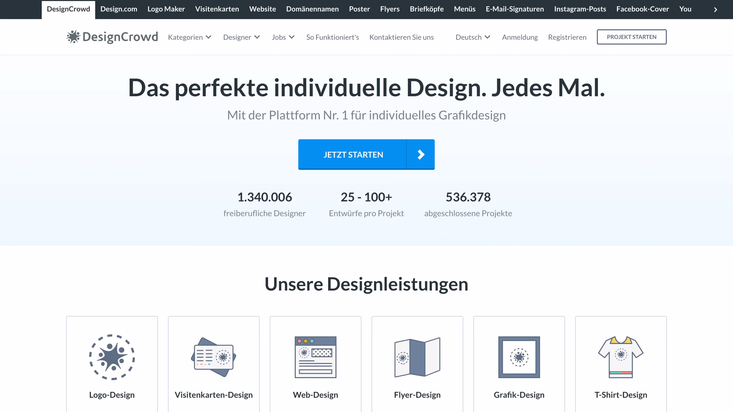 DesignCrowd homepage in German with the headline "Das perfekte individuelle Design. Jedes Mal."