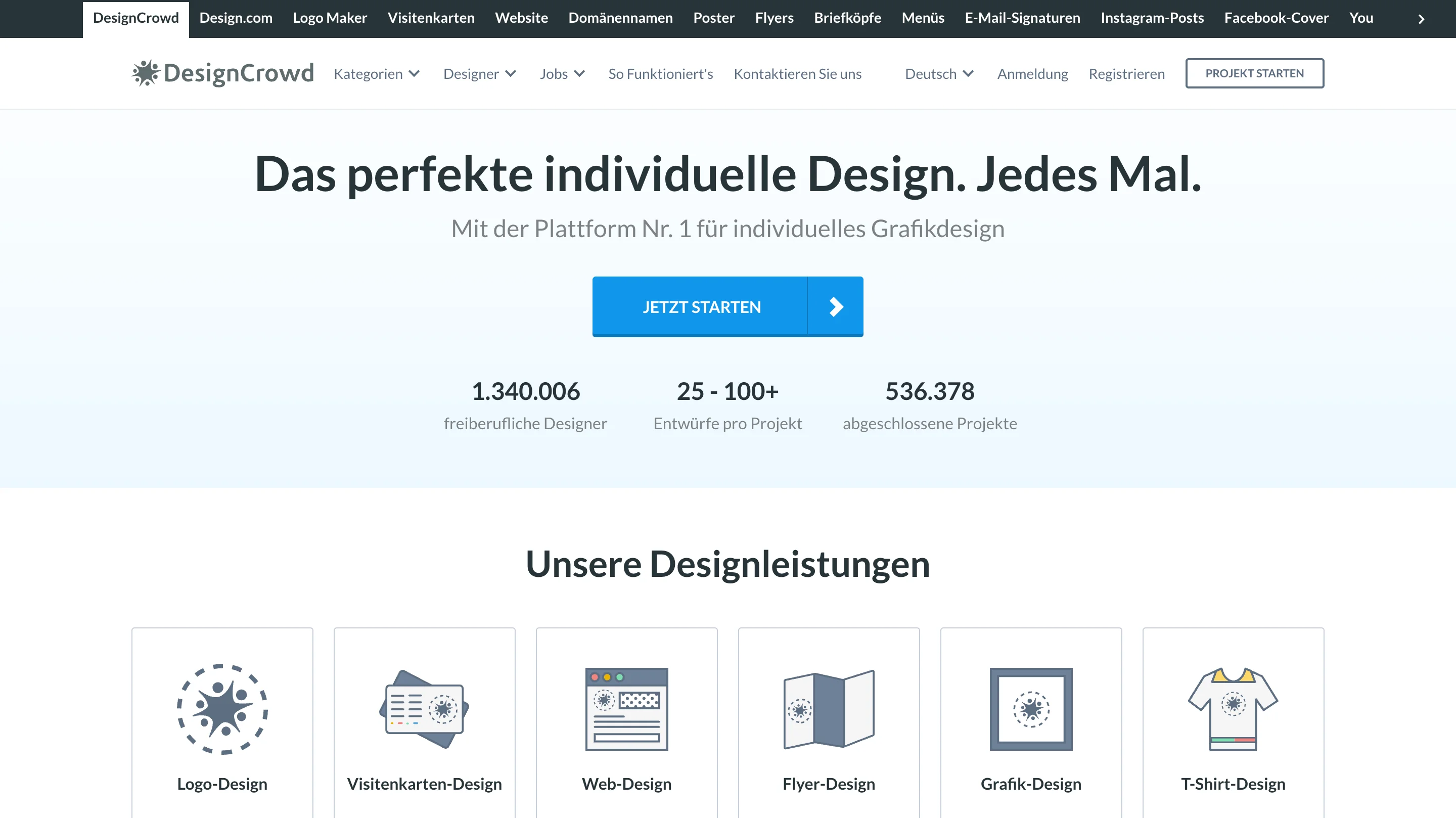 DesignCrowd homepage in German with the headline "Das perfekte individuelle Design. Jedes Mal."