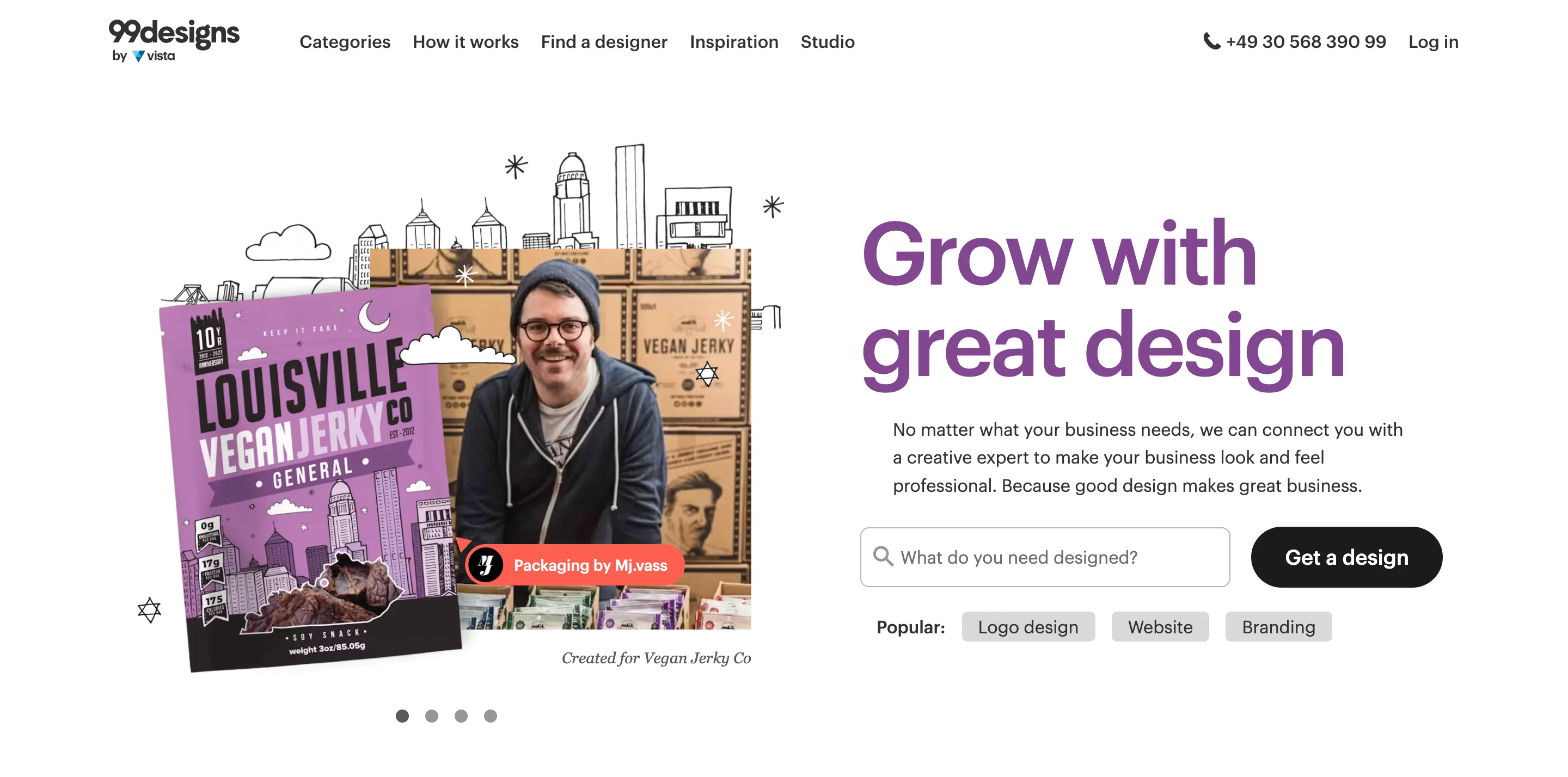 99designs homepage with the headline "Grow with great design" and a vegan jerky packaging example