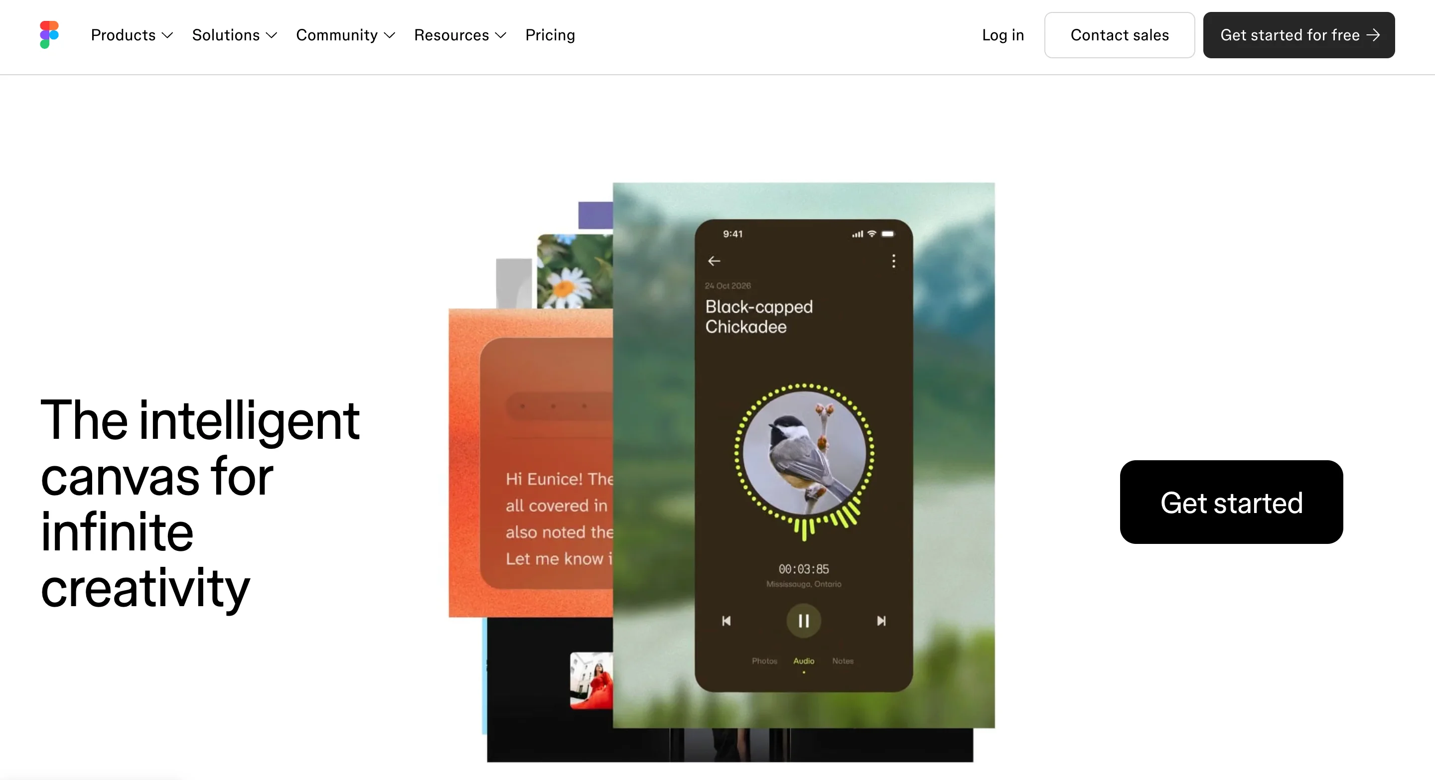Figma homepage with the headline "The intelligent canvas for infinite creativity"