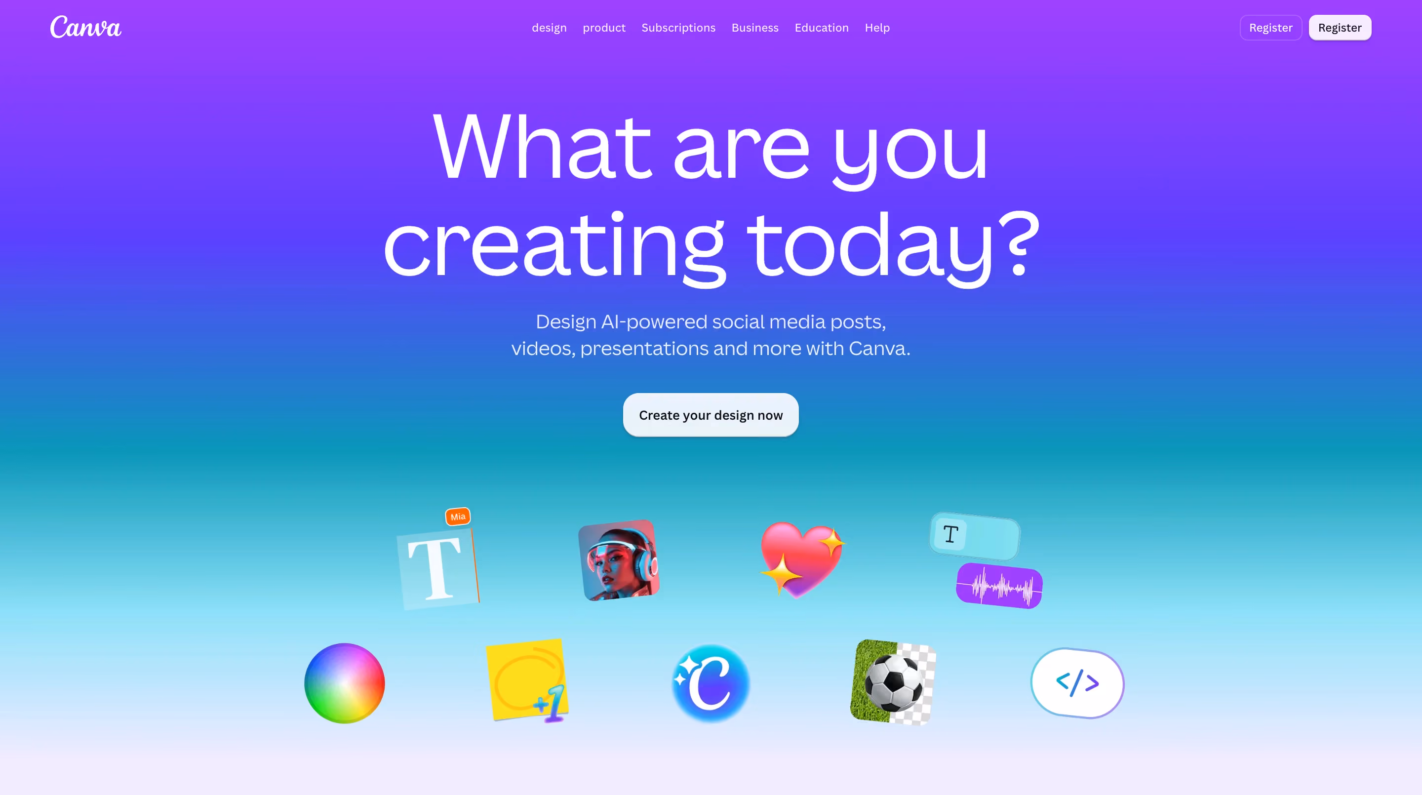 Canva homepage with the headline "What are you creating today?" and colorful design icons