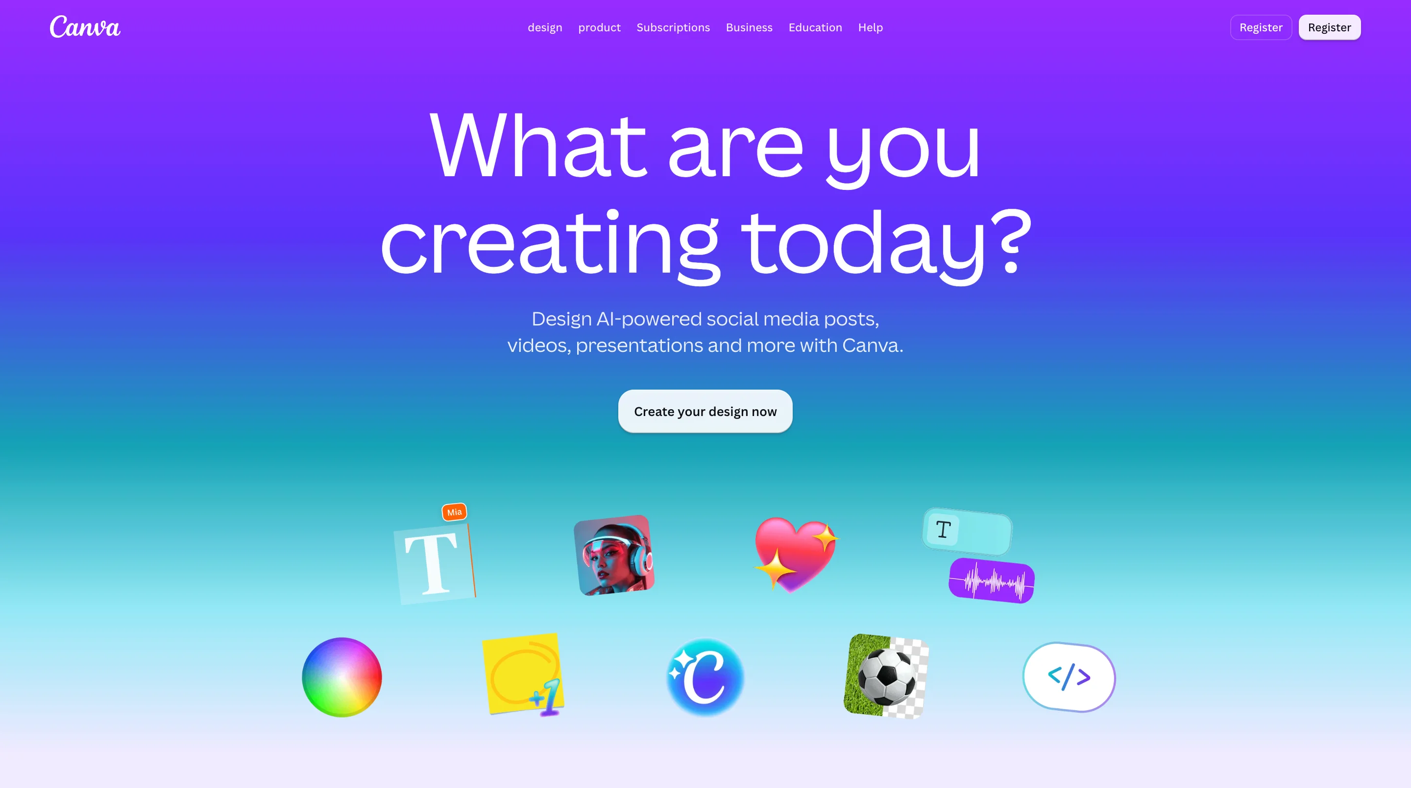 Canva homepage with the headline "What are you creating today?" and colorful design icons
