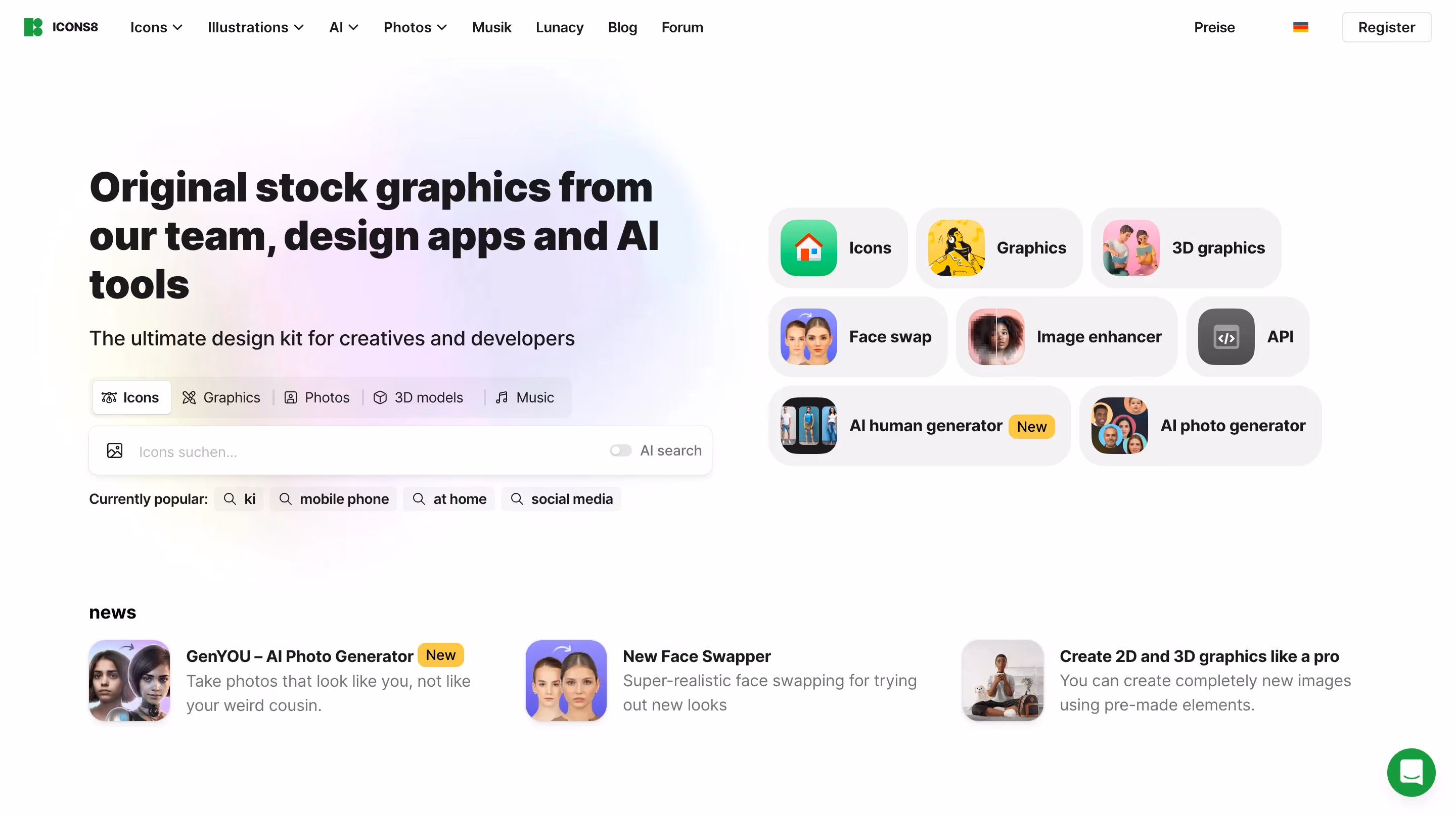 Icons8 homepage listing icon, graphic, 3D, and AI generation tools for creatives and developers