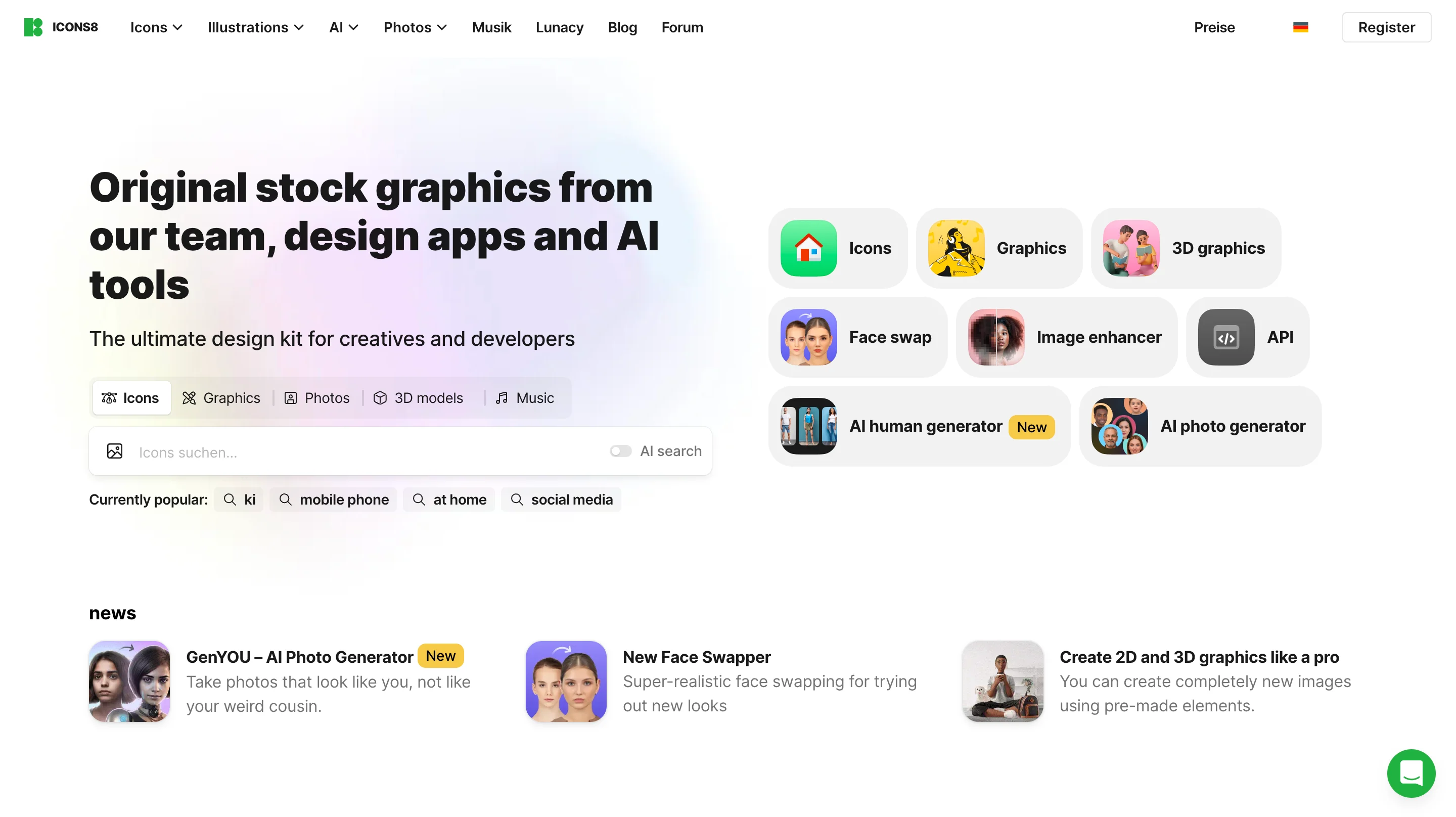 Icons8 homepage listing icon, graphic, 3D, and AI generation tools for creatives and developers