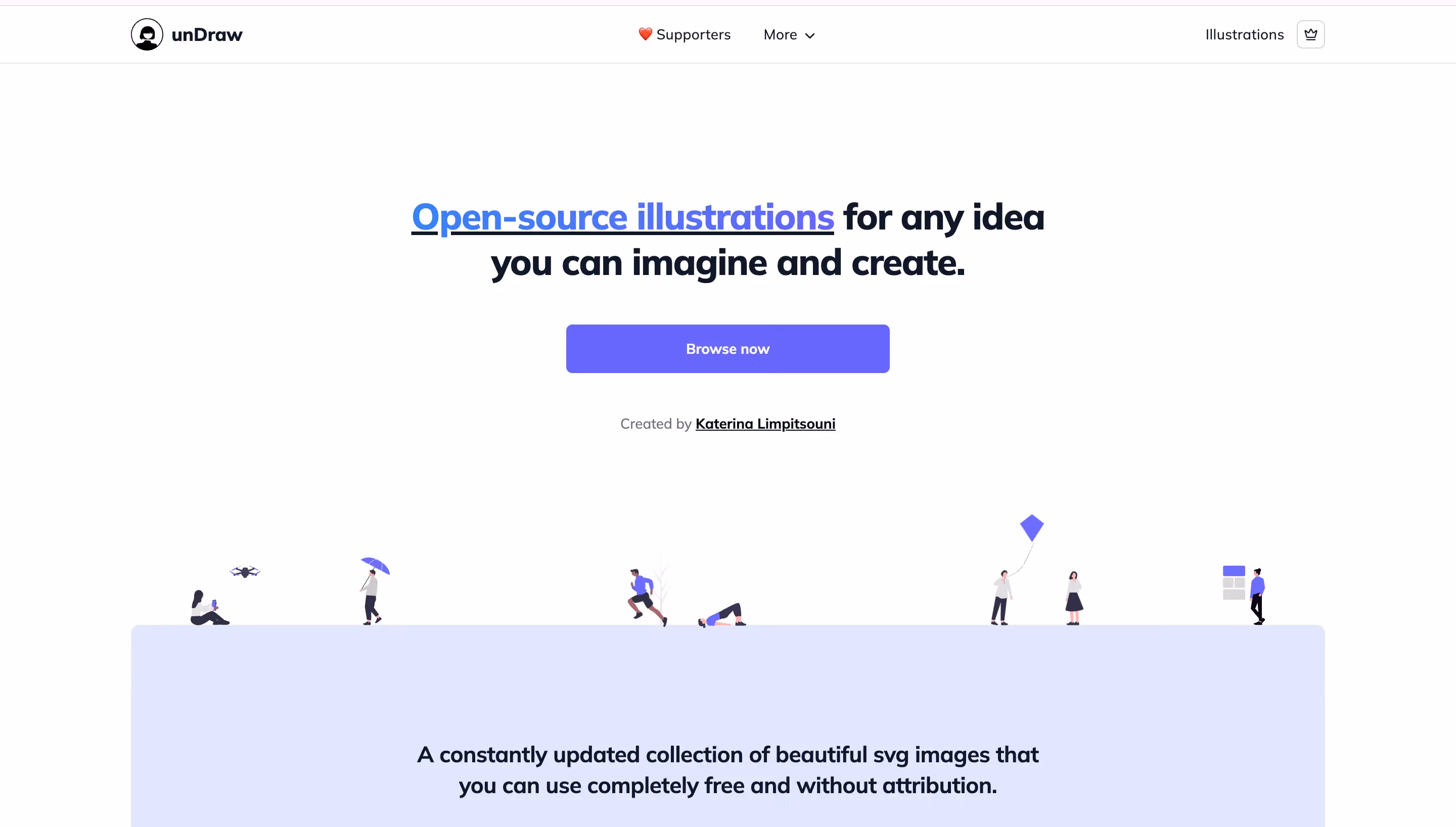 unDraw homepage with the headline "Open-source illustrations for any idea you can imagine and create"