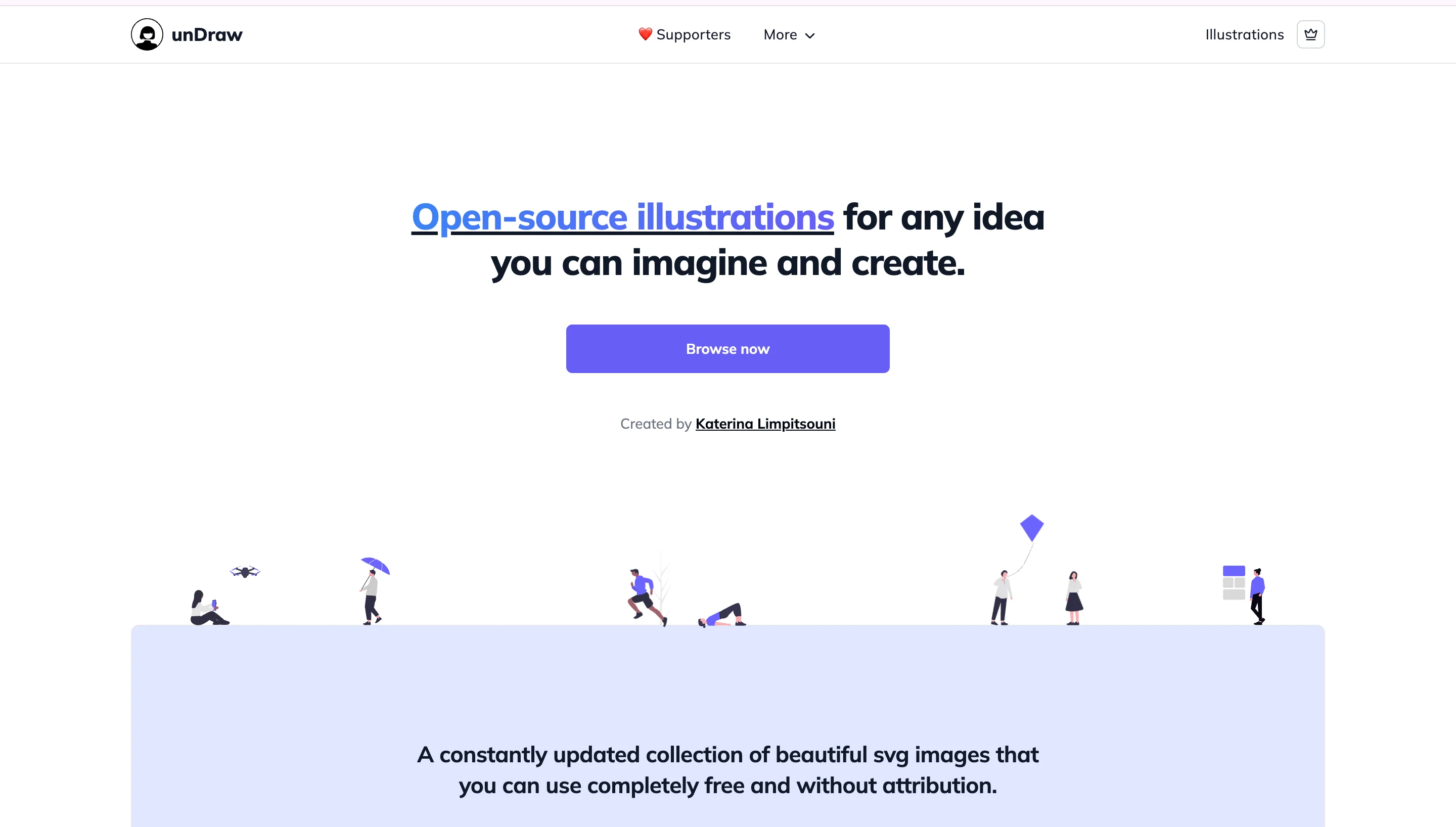 unDraw homepage with the headline "Open-source illustrations for any idea you can imagine and create"