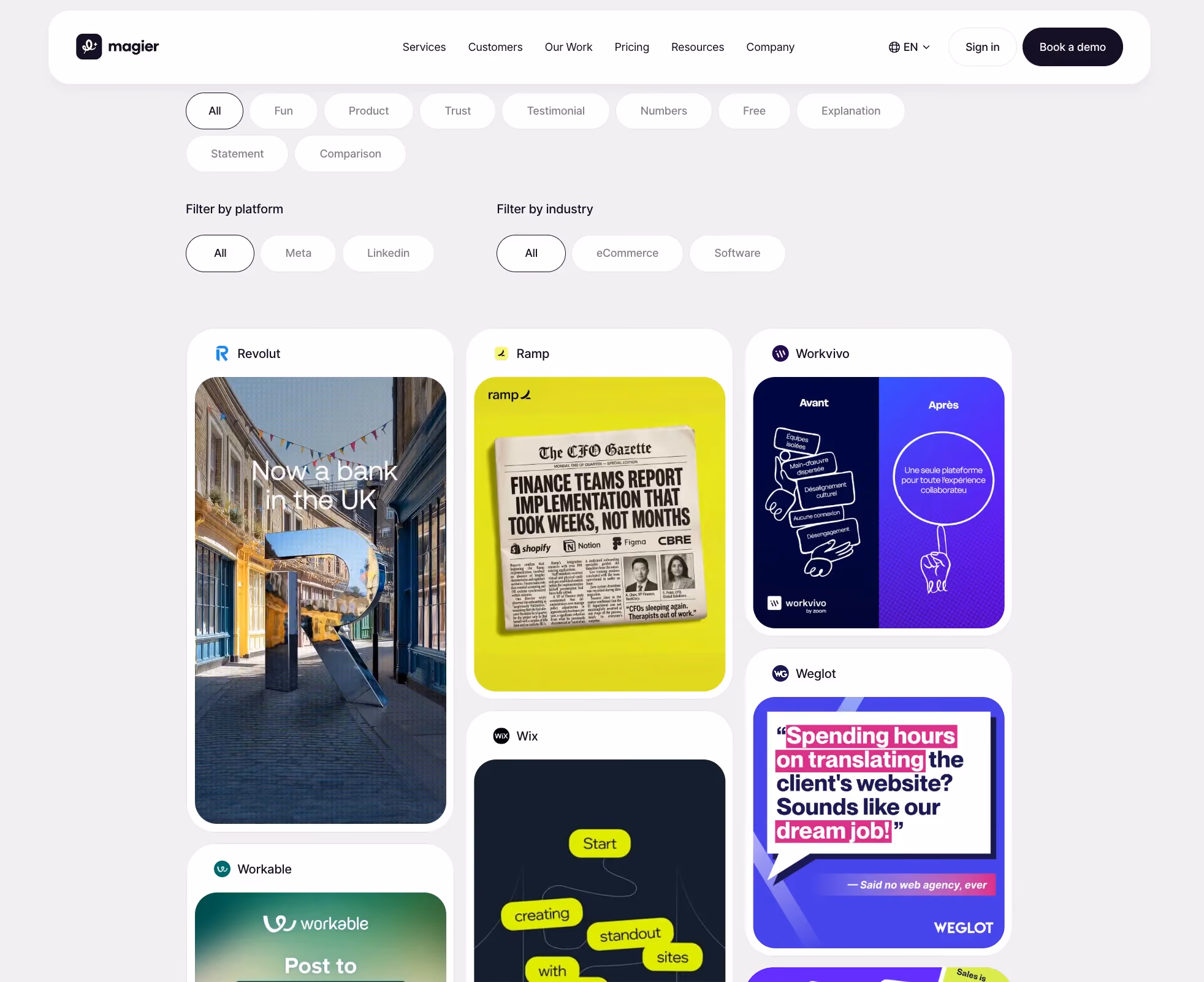 magier's ad examples page showing filterable ad creative cards for brands including Revolut, Ramp, Workvivo, and Weglot