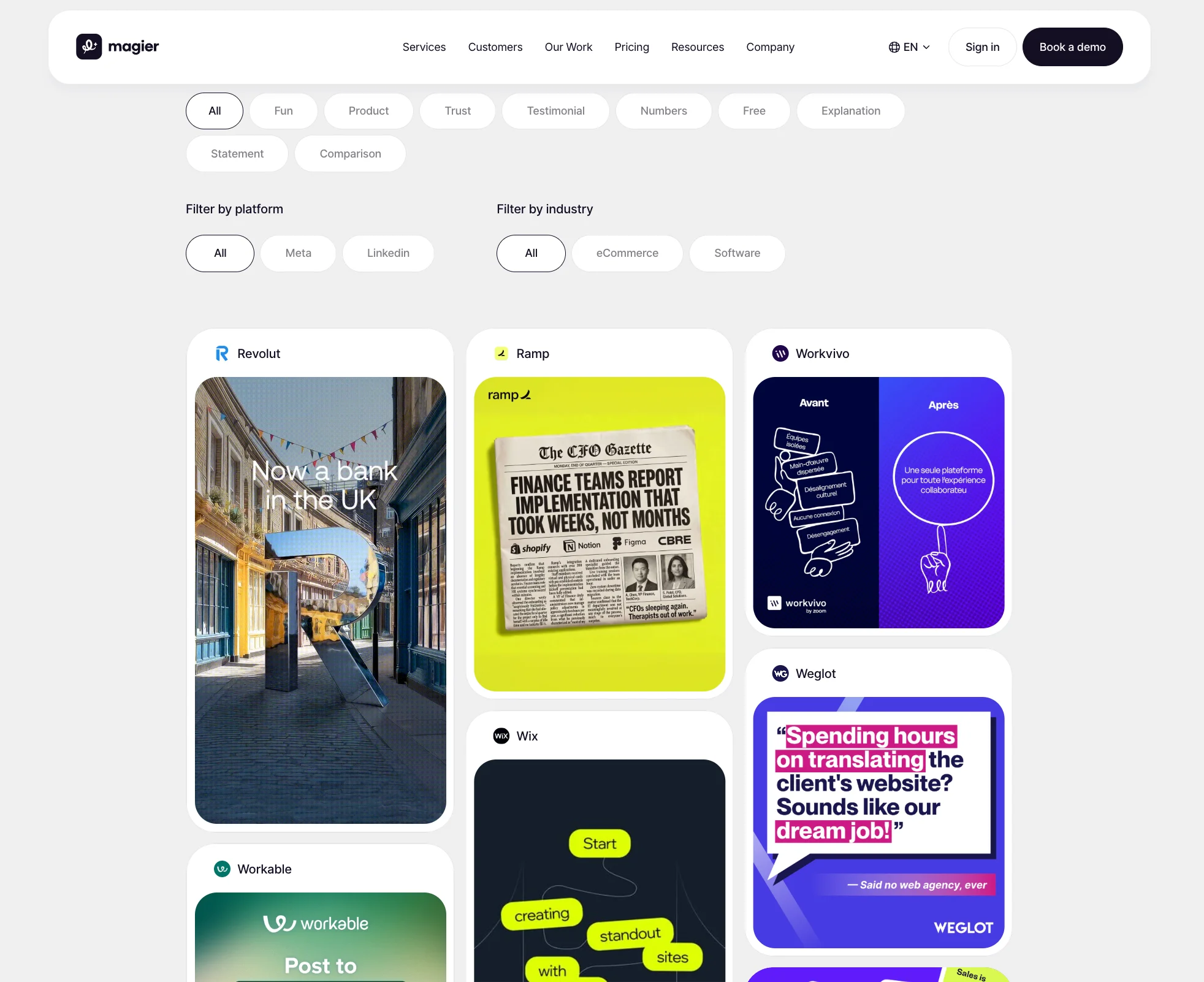 magier's ad examples page showing filterable ad creative cards for brands including Revolut, Ramp, Workvivo, and Weglot