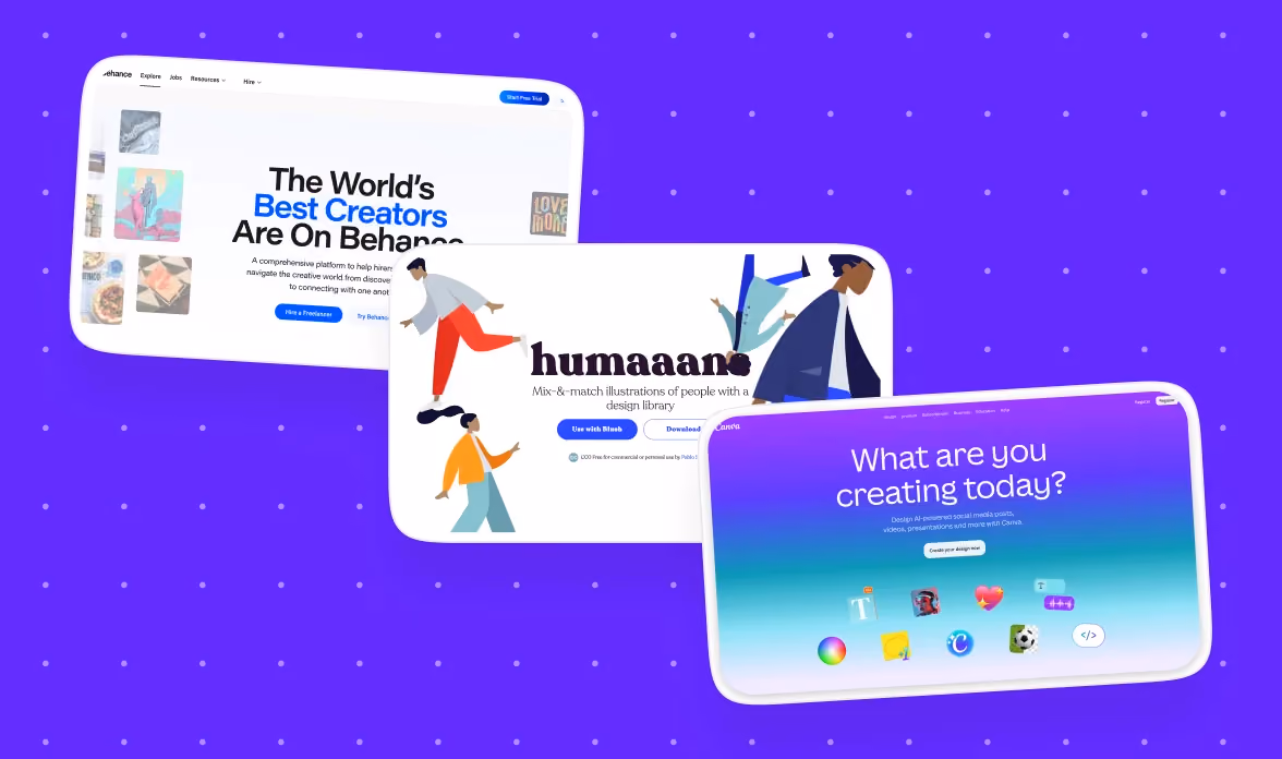 Collage of three design website screenshots, Behance, Humaaans, and Canva homepages, on a purple background