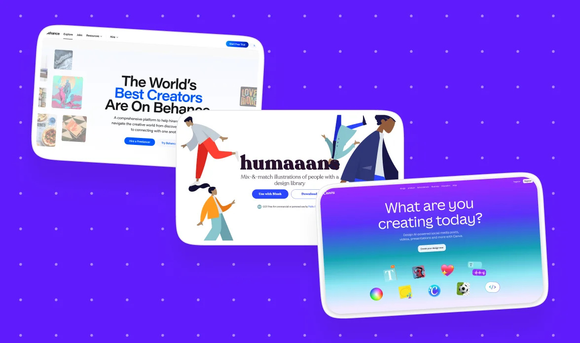 Collage of three design website screenshots, Behance, Humaaans, and Canva homepages, on a purple background