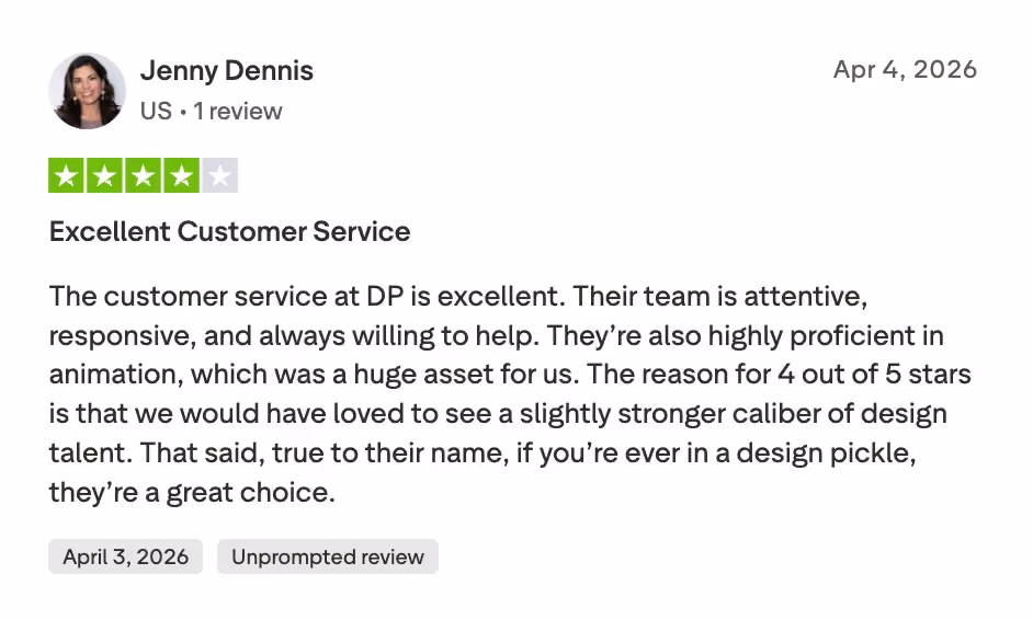 Jenny Dennis, a customer of design pickle reviewing on trust pilot about design quality
