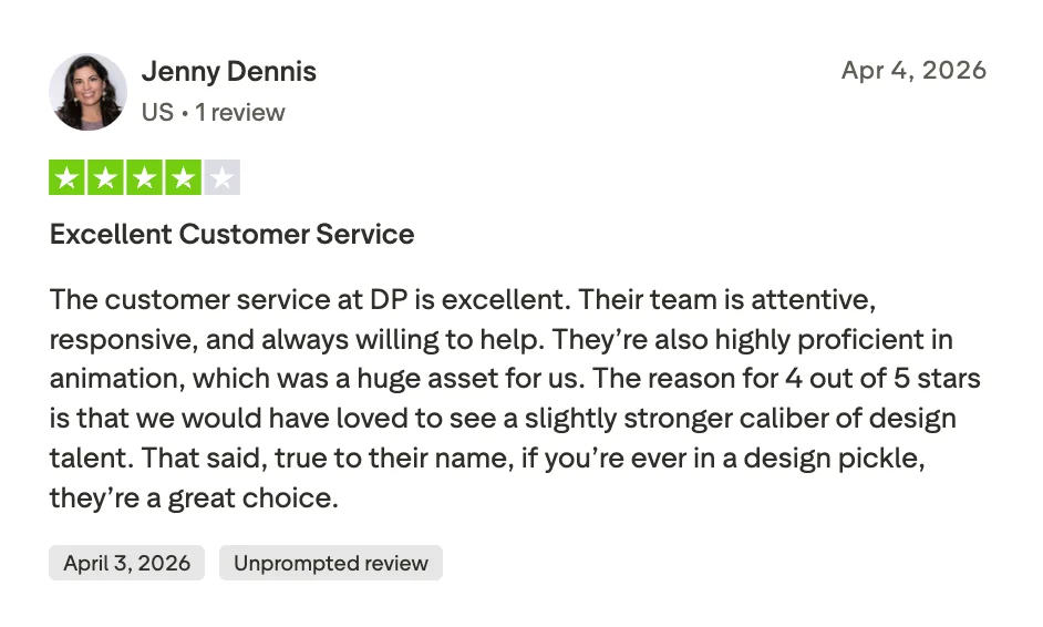 Jenny Dennis, a customer of design pickle reviewing on trust pilot about design quality