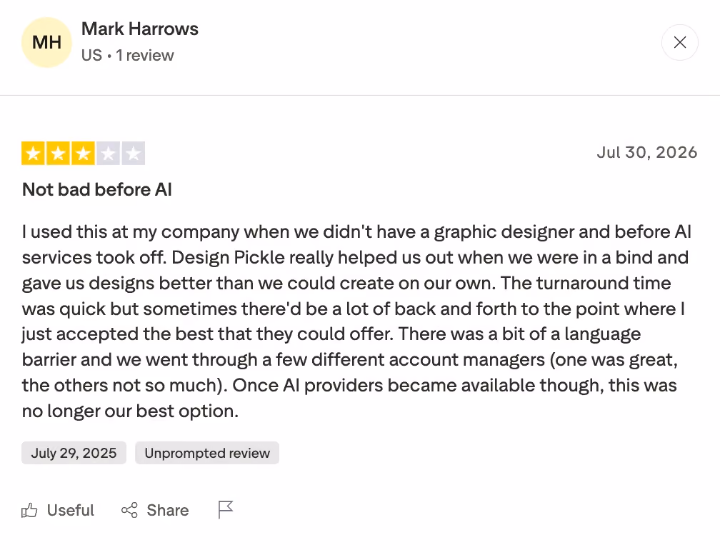 Mark, a client of design pickle reviewing on trust pilot about slow turnaround
