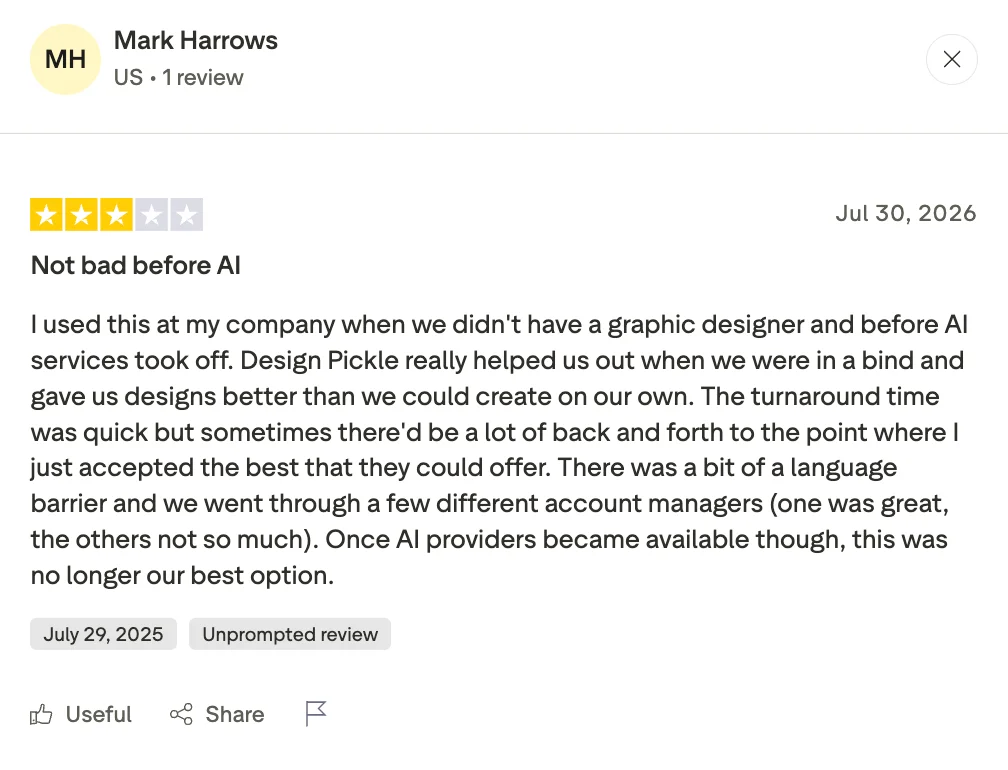 Mark, a client of design pickle reviewing on trust pilot about slow turnaround