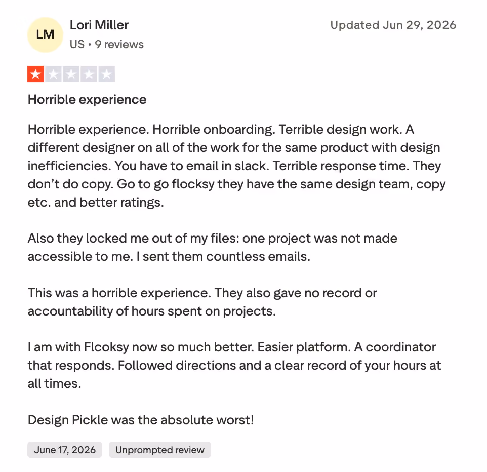 Lori, a client of design pickle reviewing on trust pilot about bad onboarding and collab experience