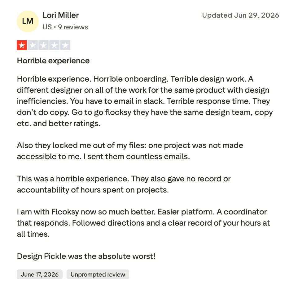 Lori, a client of design pickle reviewing on trust pilot about bad onboarding and collab experience