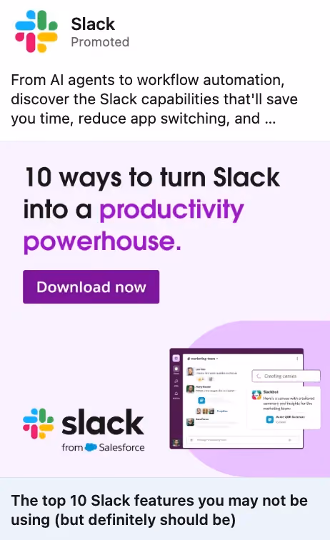 LinkedIn sponsored ad for Slack with the headline "10 ways to turn Slack into a productivity powerhouse" and a download CTA