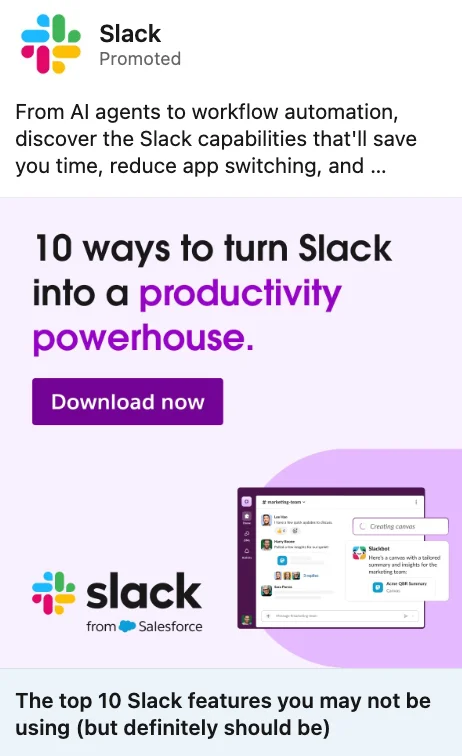 LinkedIn sponsored ad for Slack with the headline "10 ways to turn Slack into a productivity powerhouse" and a download CTA