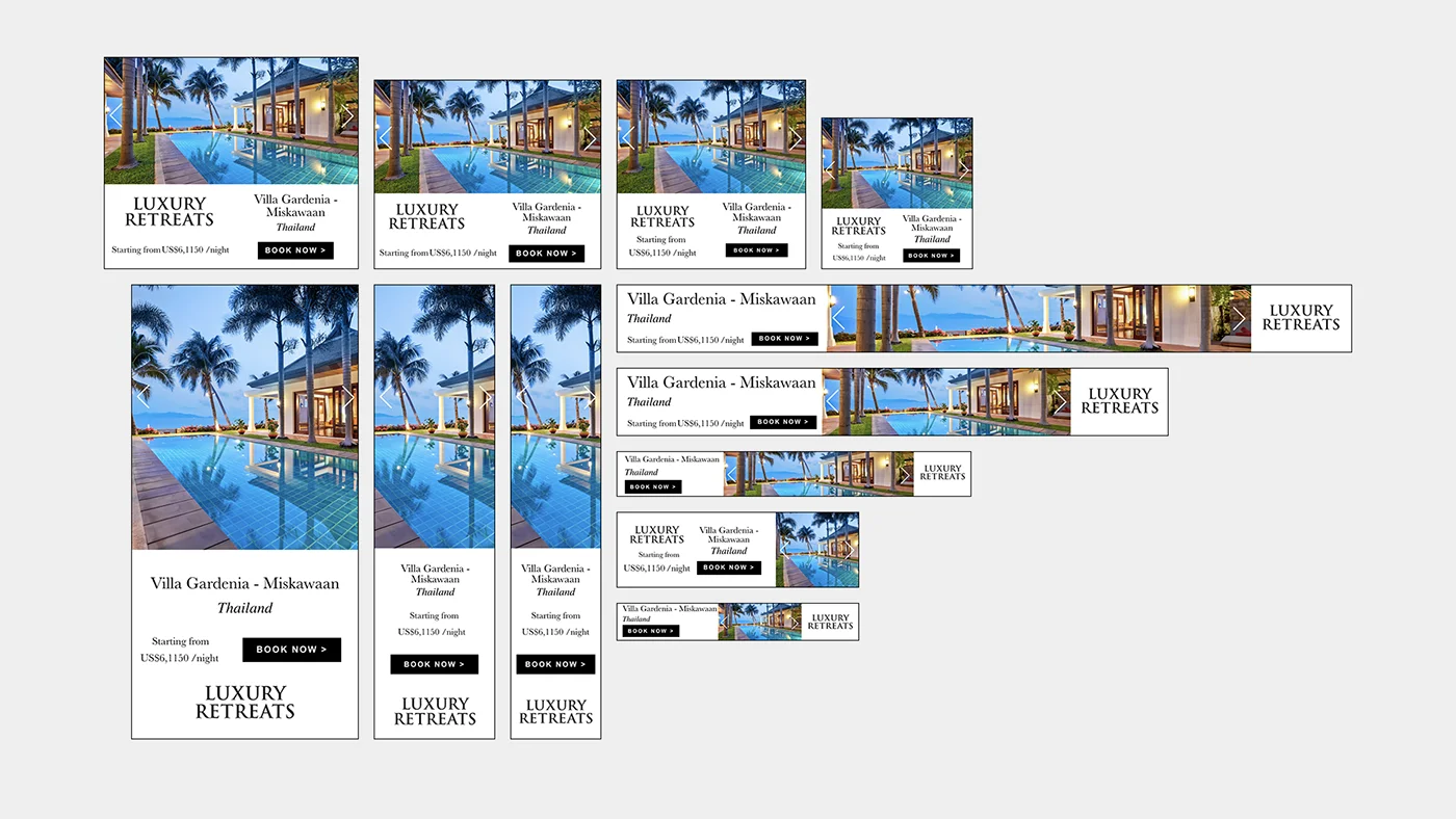Grid of Google Display responsive ad size variations for a "Luxury Retreats" villa booking campaign