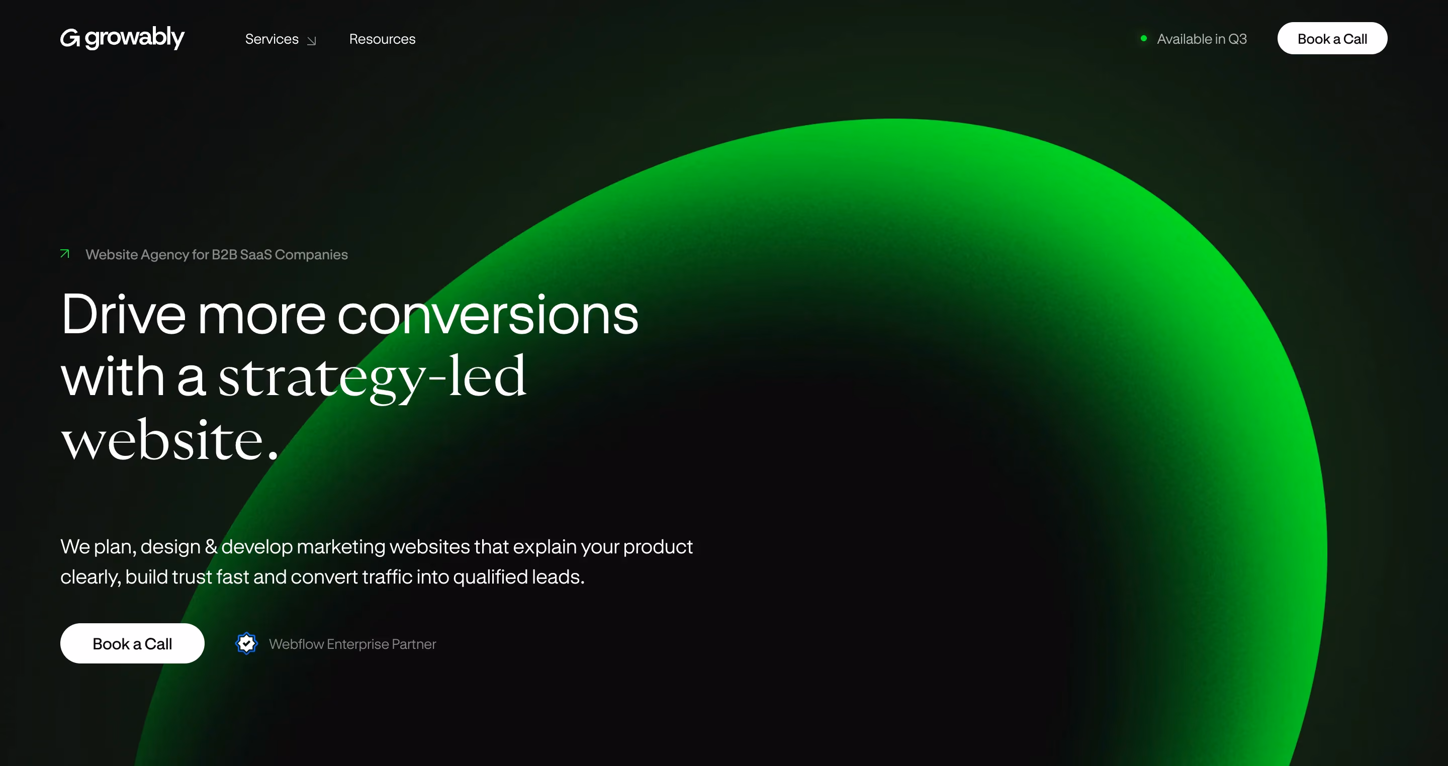 hompage of growably website; green and black theme