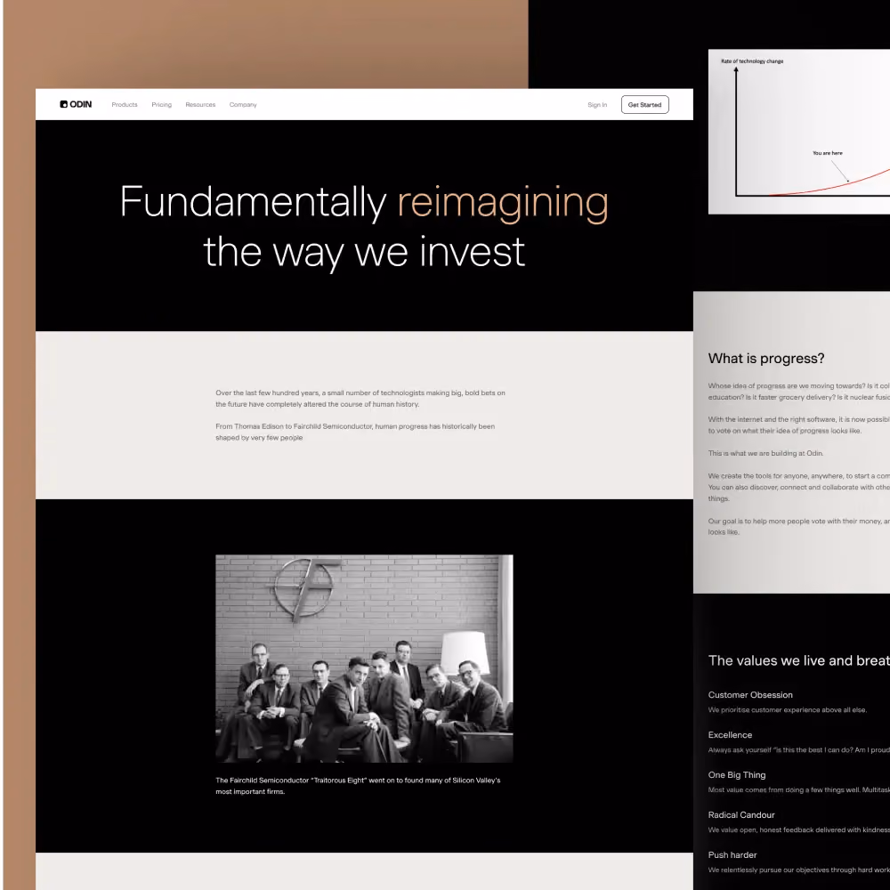 Odin homepage with the headline "Fundamentally reimagining the way we invest," a black-and-white photo of the Fairchild Semiconductor founders, and sections on the company's "What is progress?" philosophy and core values.