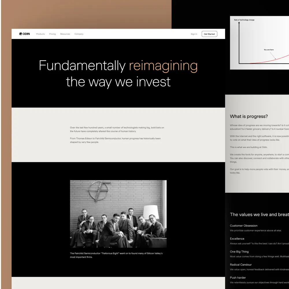 Odin homepage with the headline "Fundamentally reimagining the way we invest," a black-and-white photo of the Fairchild Semiconductor founders, and sections on the company's "What is progress?" philosophy and core values.