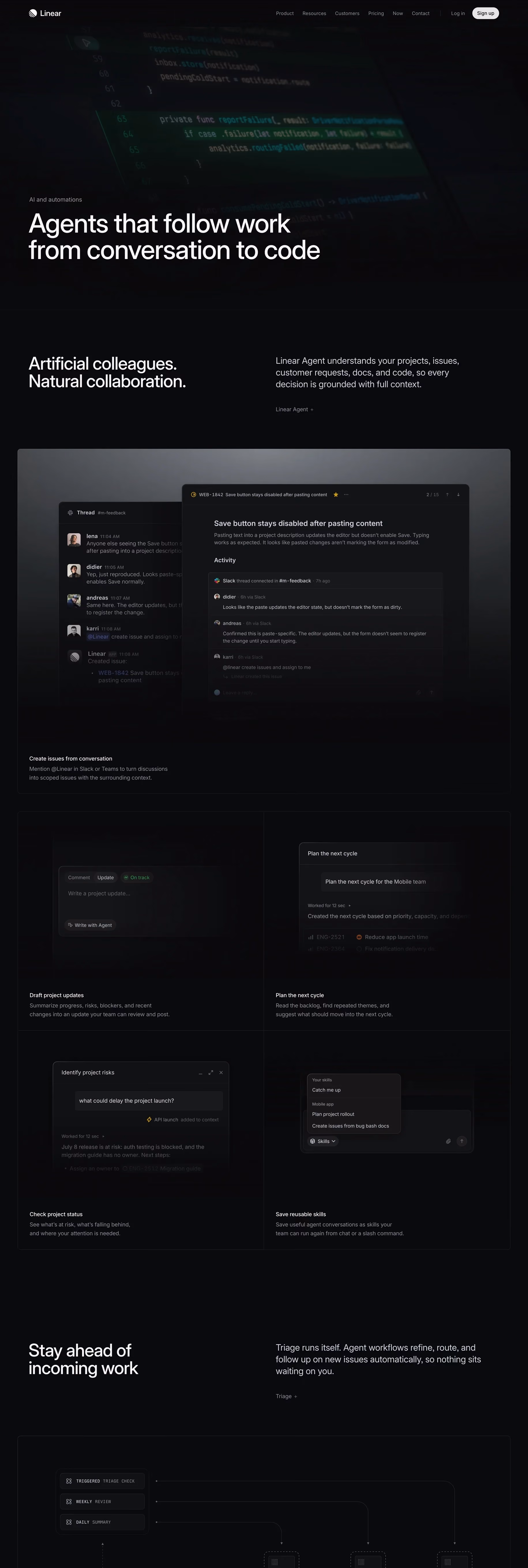 Linear's AI agent page on a dark background, headlined "Agents that follow work from conversation to code," showing a Slack thread turning into a linked issue, plus agent features for drafting project updates, planning the next cycle, and checking project risk.