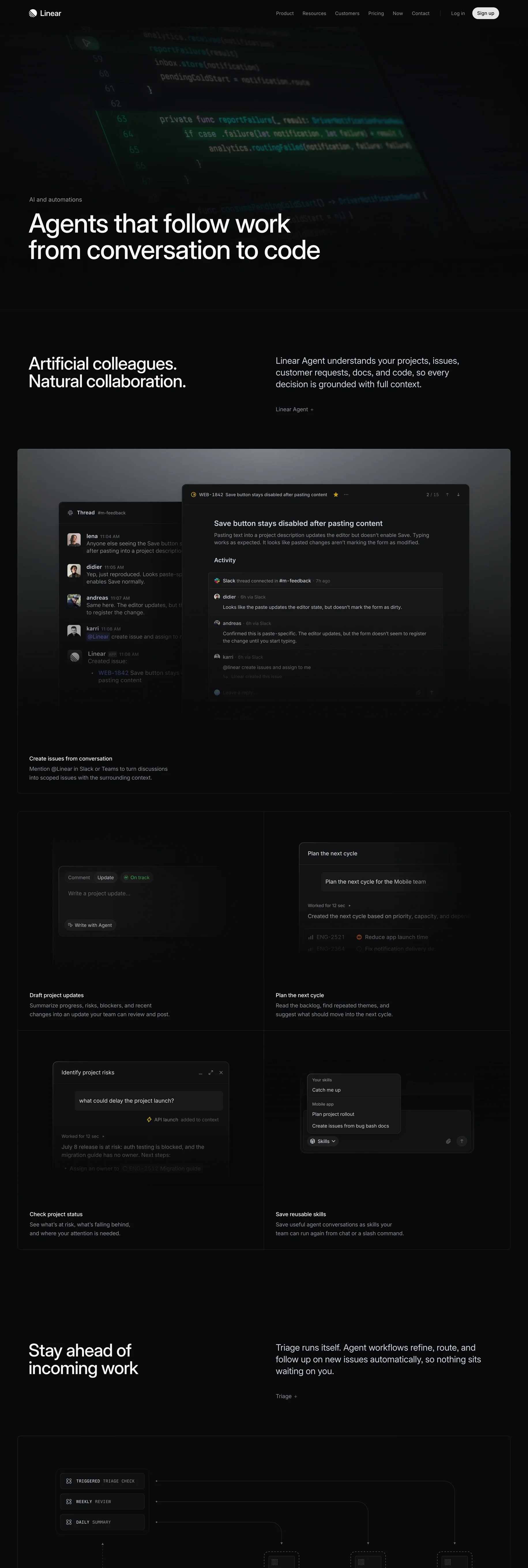 Linear's AI agent page on a dark background, headlined "Agents that follow work from conversation to code," showing a Slack thread turning into a linked issue, plus agent features for drafting project updates, planning the next cycle, and checking project risk.