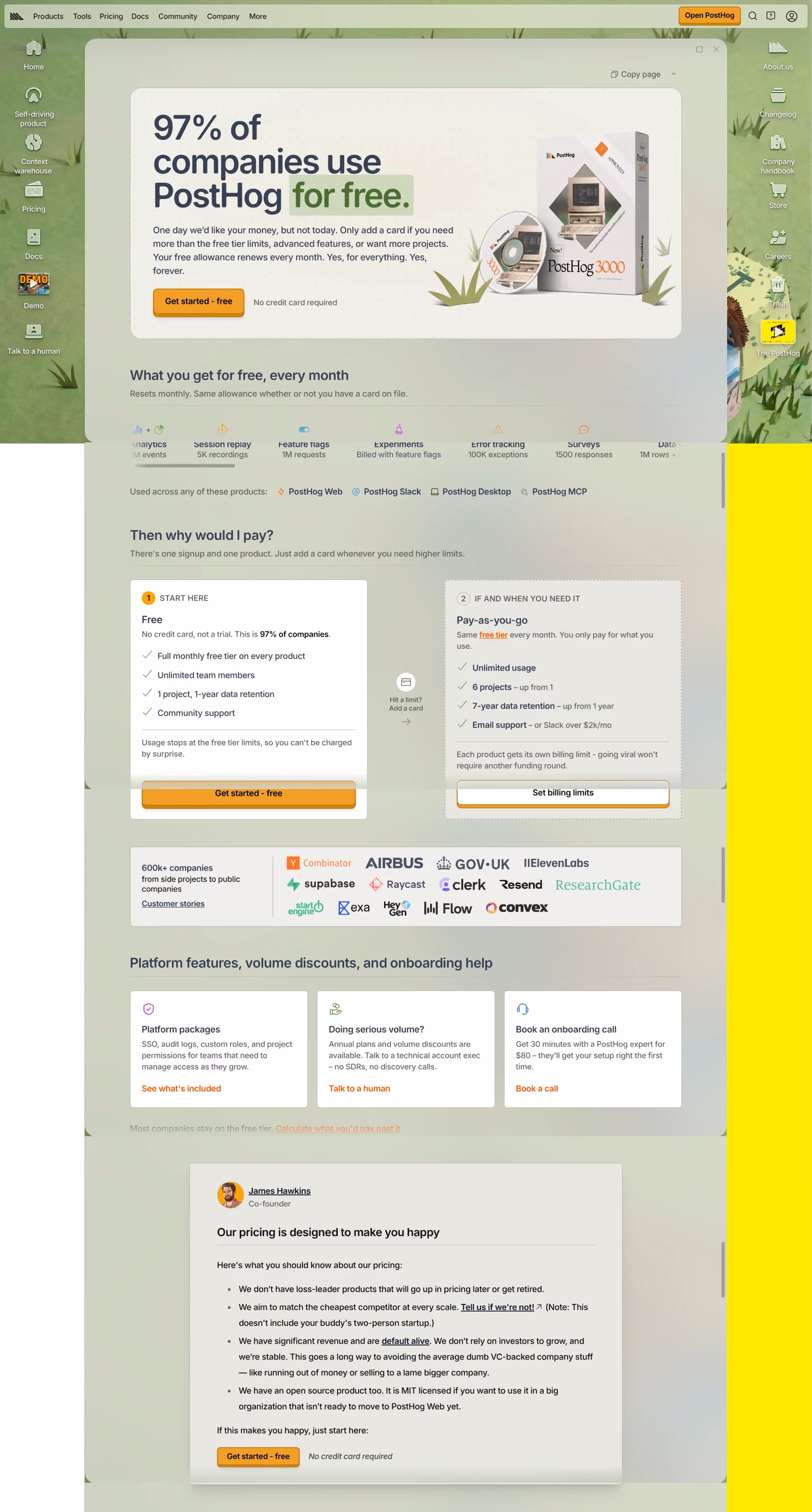 PostHog pricing page showing "97% of companies use PostHog for free," a free-tier feature grid, a two-column free vs. pay-as-you-go pricing comparison, customer logos including Airbus and Gov.uk, and a founder quote on pricing philosophy.