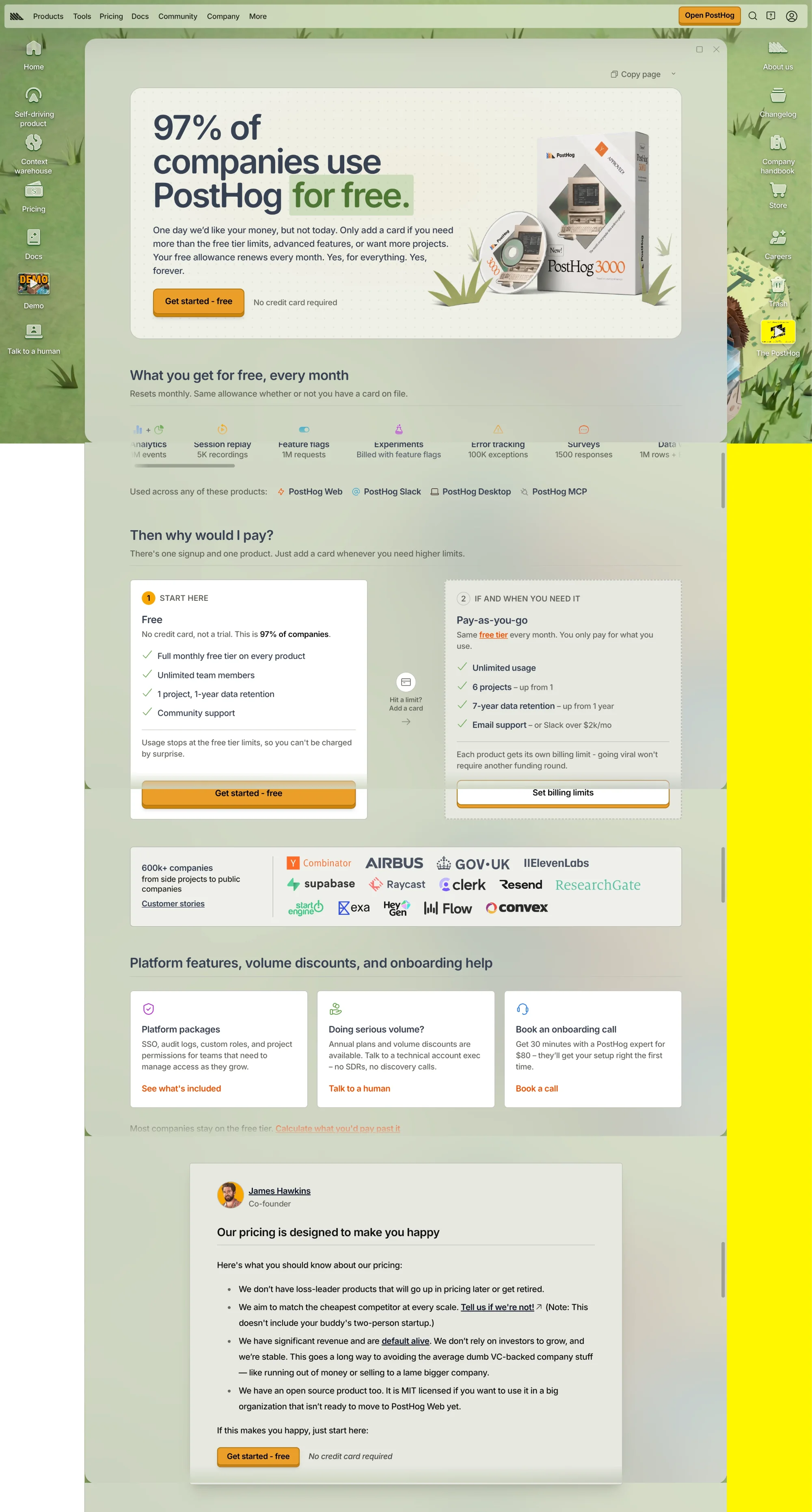PostHog pricing page showing "97% of companies use PostHog for free," a free-tier feature grid, a two-column free vs. pay-as-you-go pricing comparison, customer logos including Airbus and Gov.uk, and a founder quote on pricing philosophy.