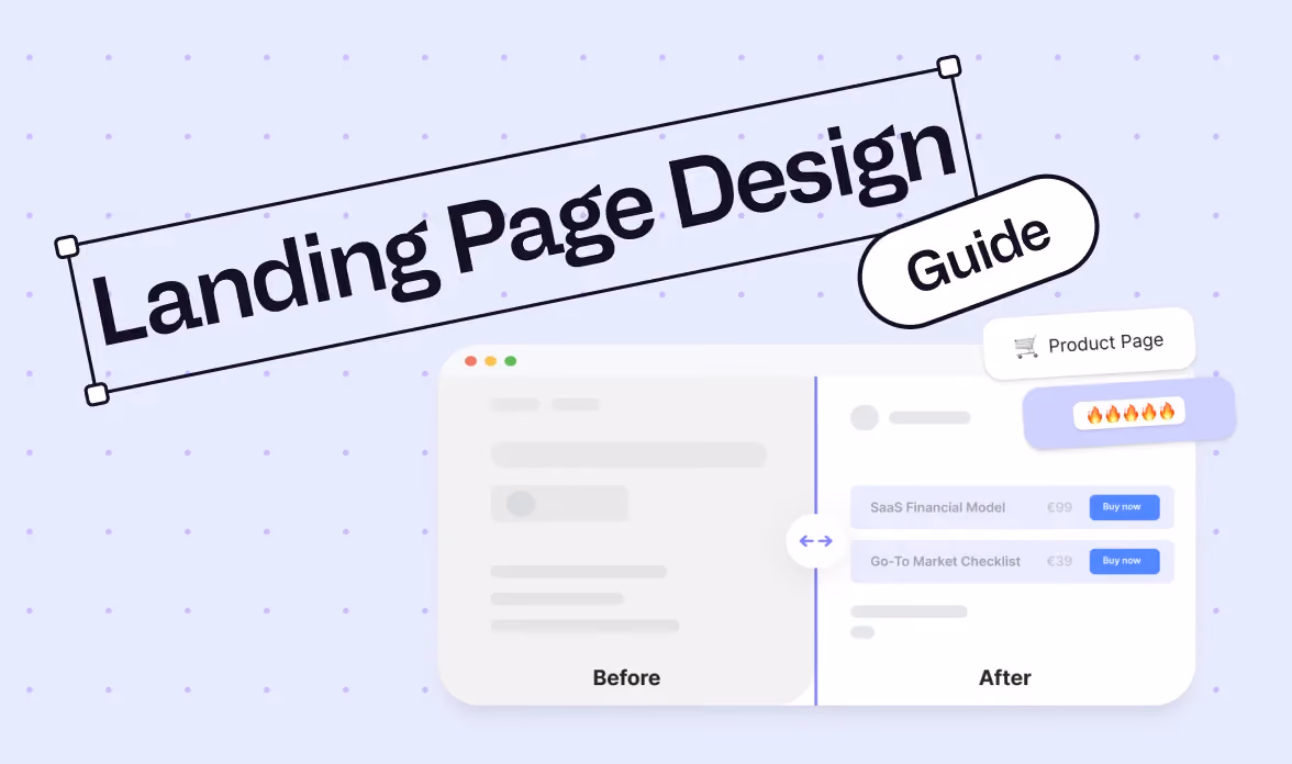 Stylized title graphic reading "Landing Page Design Guide" over a before-and-after mockup of a cluttered product page transformed into a clean one with clear pricing and buy buttons.