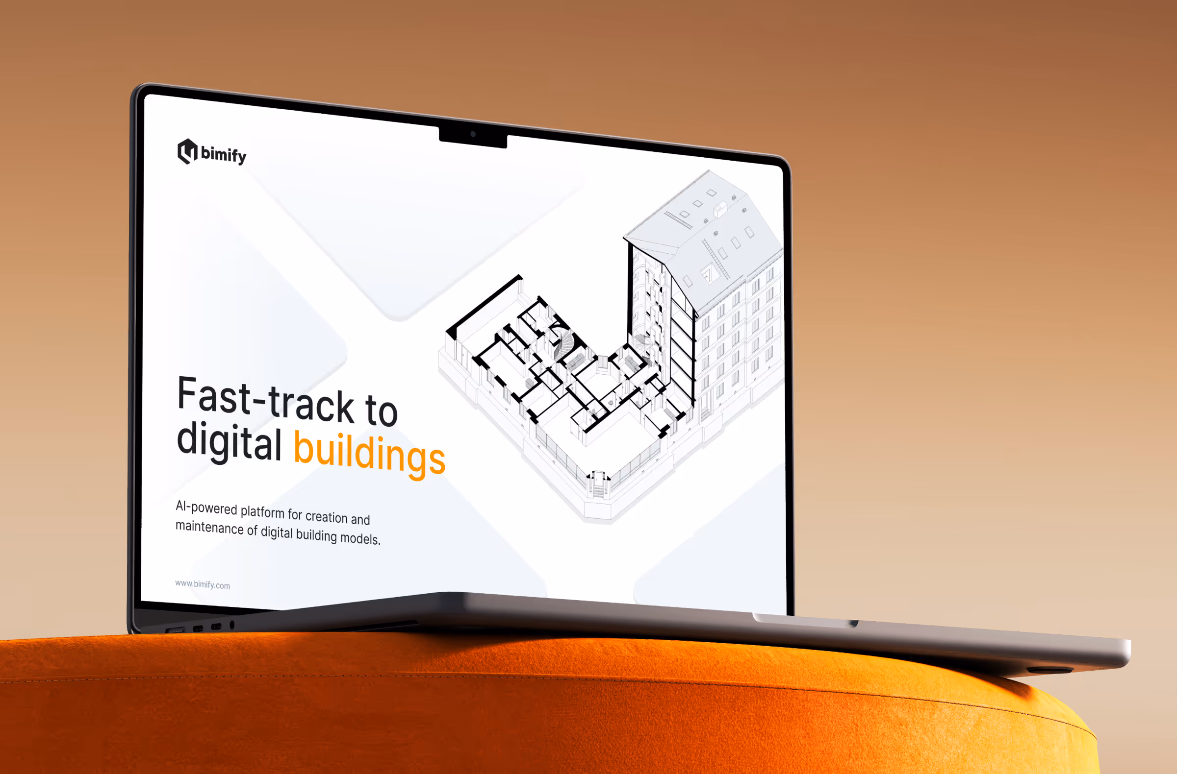 A laptop resting on an orange ottoman displaying the bimify homepage, headlined "Fast-track to digital buildings," with an isometric line-drawing of a building's floor plan and the tagline "AI-powered platform for creation and maintenance of digital building models."