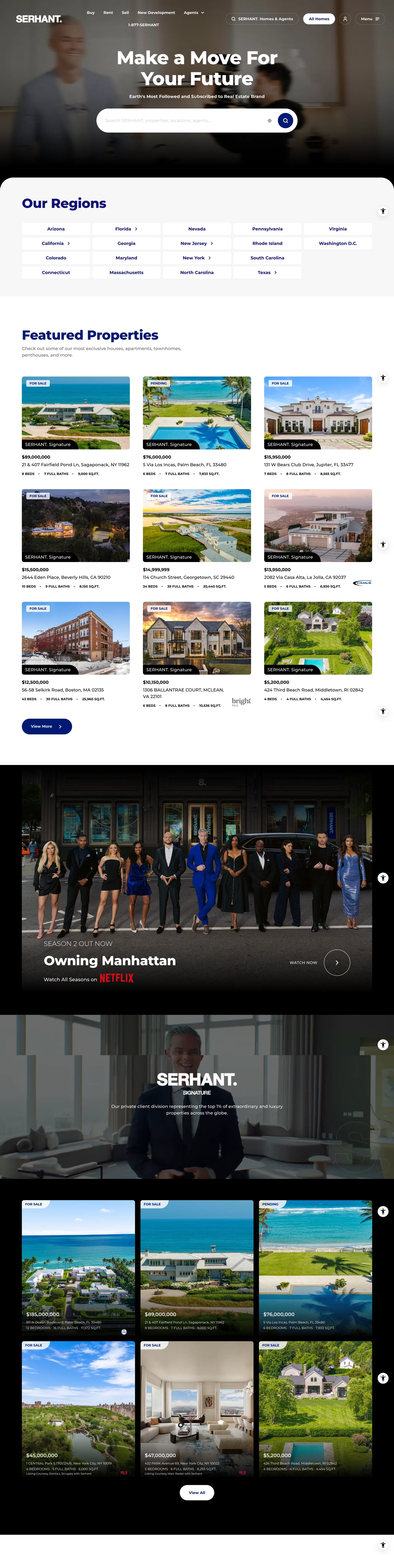 SERHANT.'s homepage with the headline "Make a Move For Your Future," a region selector grid, a 3x3 grid of high-end featured listings with prices up to $89 million, and a promotional banner for the Netflix show "Owning Manhattan."