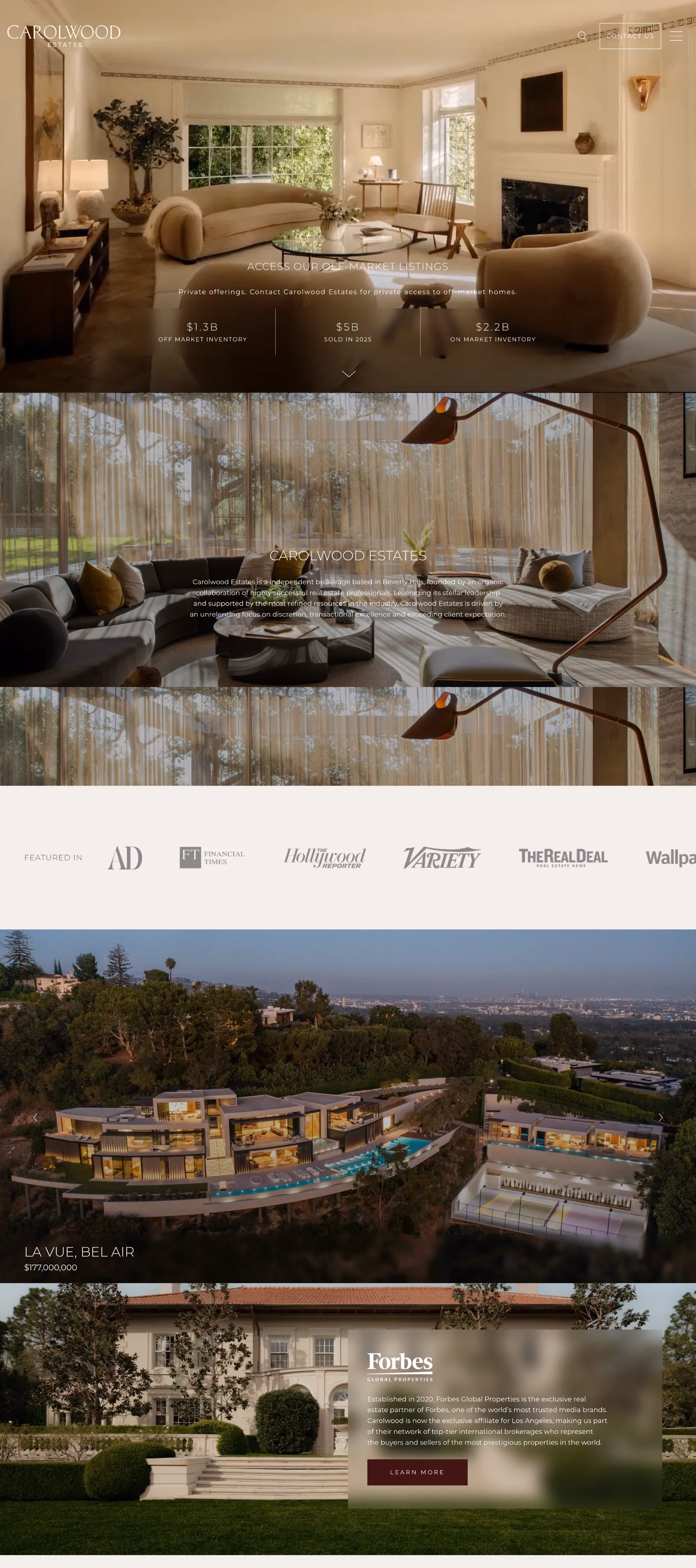 Carolwood Estates' homepage in a warm, oxblood-toned palette, showing off-market inventory stats ($1.3B off-market, $5B sold in 2025), a brand description, press logos including Architectural Digest and Variety, and a featured Bel Air listing priced at $177 million.